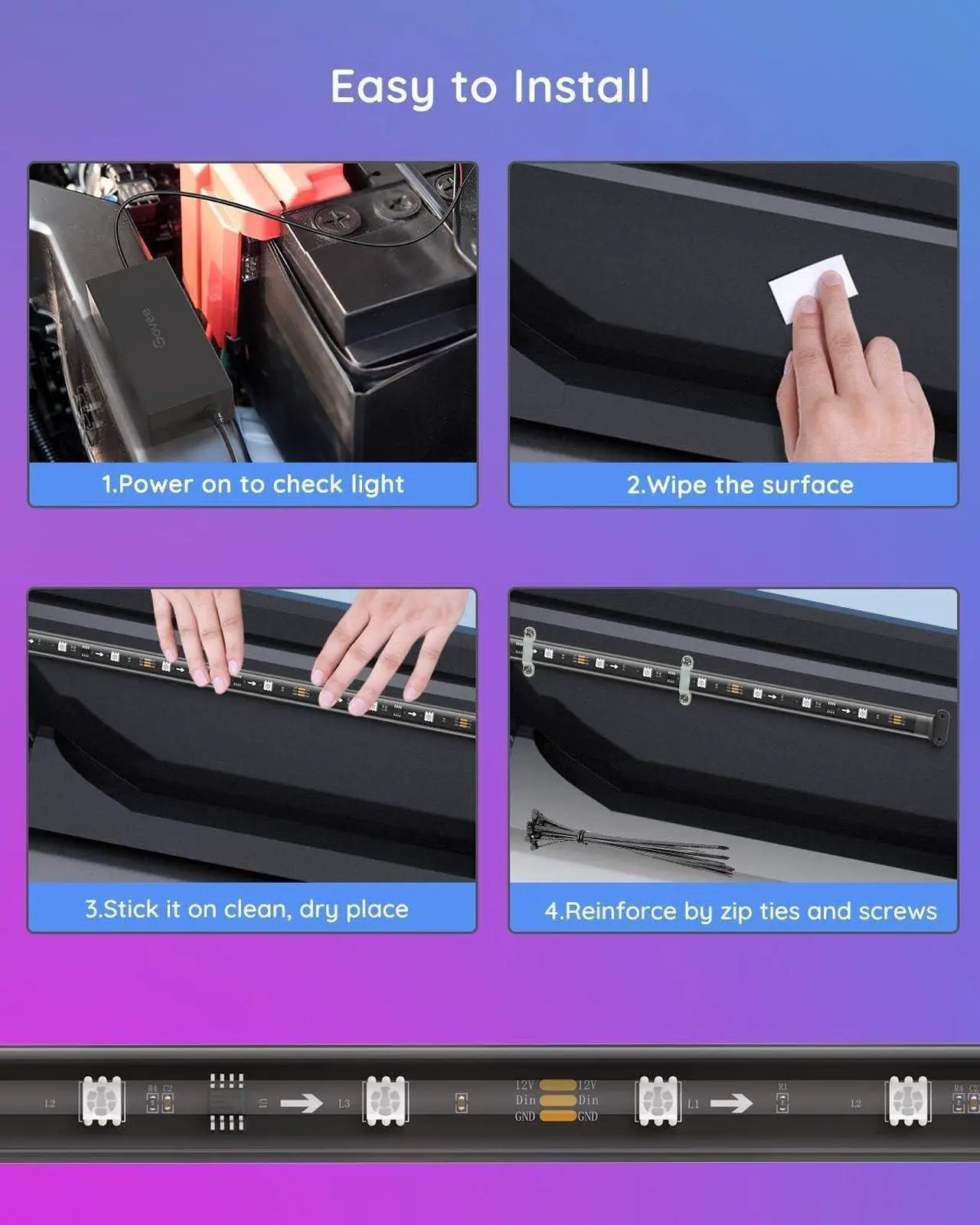 Alt view image 7 of 7 - Underglow Car Lights, 4 pcs RGBIC Smart LED Lights with 16 Million Colors and 10 Scene Modes with App Control, 2 Music Modes for Cars, SUVs, Trucks, DC 12-24V