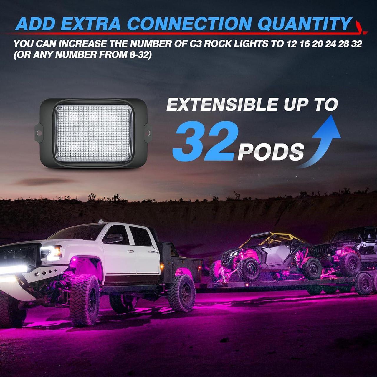 Alt view image 3 of 7 - C3 Extensible RGBW LED Rock Lights Kit - 20 Pods Wireless Control Multi-Color Neon Underglow Lights with Bluetooth APP & Control Box (Extensible Up to 32 Pods)