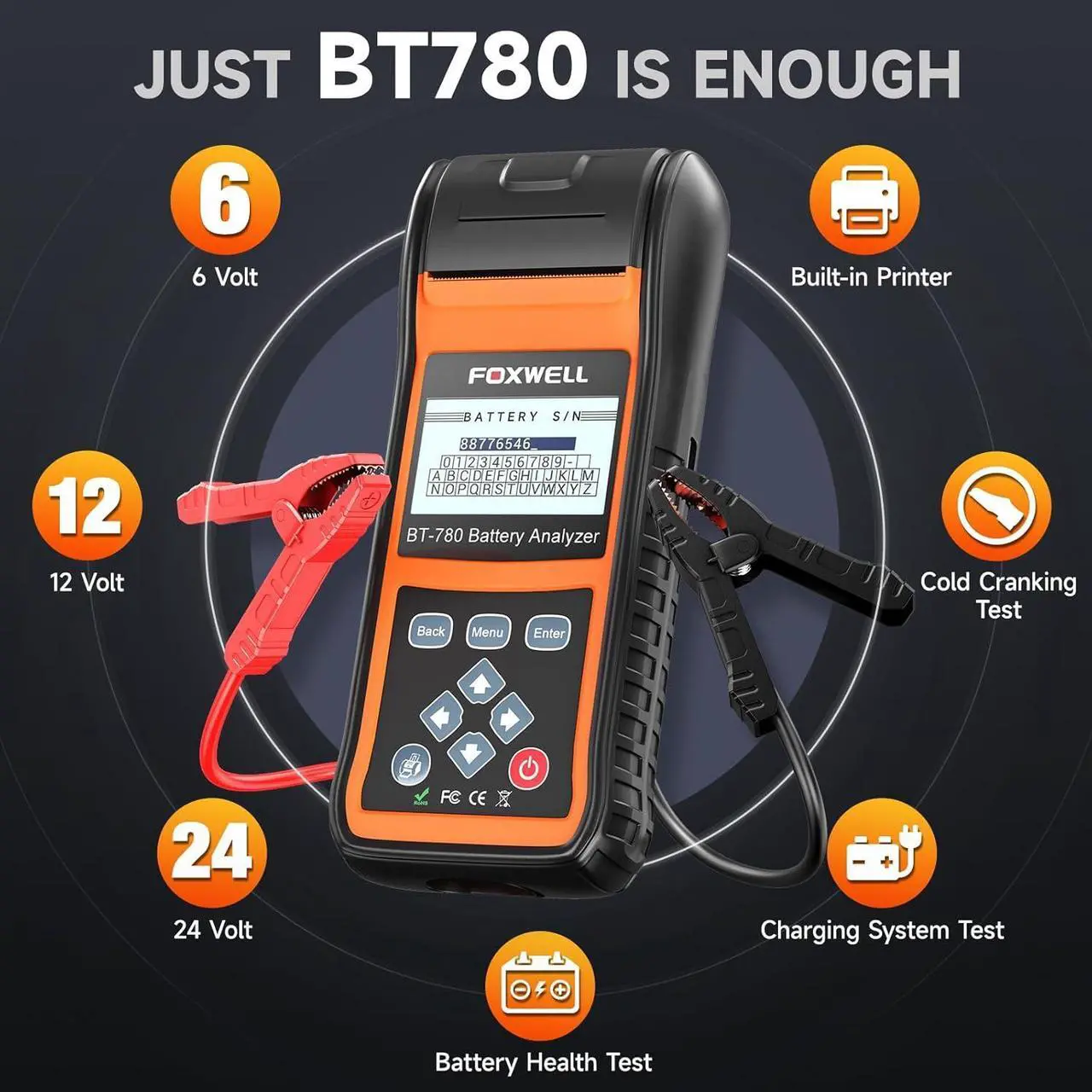 Alt view image 2 of 7 - BT780 Car Battery Tester 6V 12V 24V, Automotive Battery Load Tester with Printer, 100-2000CCA Digital Battery Analyzer for Car Heavy Duty Truck Marine SUV Boat RV