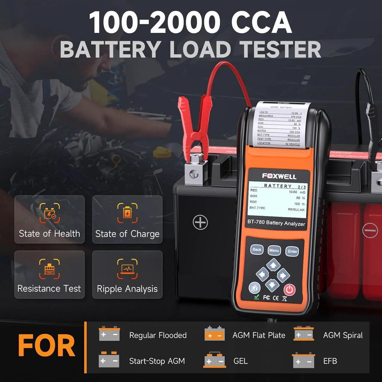 Alt view image 4 of 7 - BT780 Car Battery Tester 6V 12V 24V, Automotive Battery Load Tester with Printer, 100-2000CCA Digital Battery Analyzer for Car Heavy Duty Truck Marine SUV Boat RV