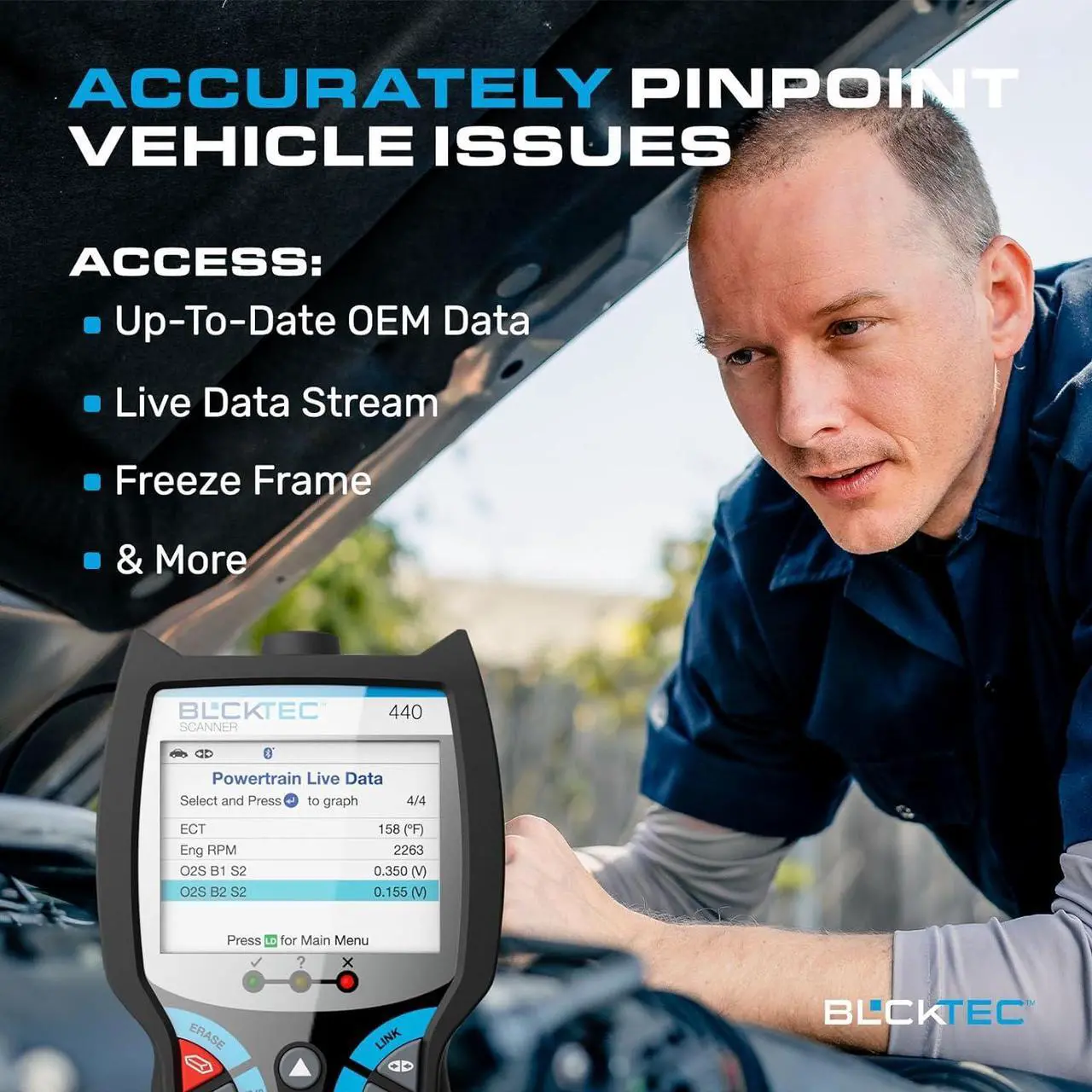Alt view image 2 of 7 - 440 Bluetooth OBD2 Scanner Diagnostic Tool - Car Code Reader and Scanner for Car - Comes with Live Data - Battery/Charging System Test - Works for All OBD Compliant Cars 1996 & Newer