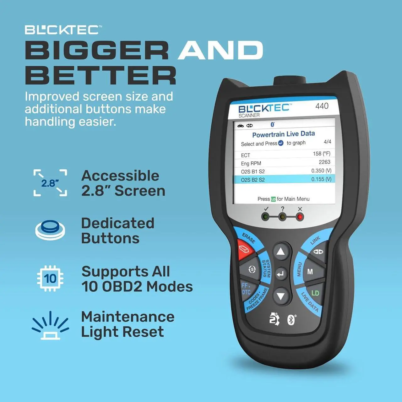 Alt view image 4 of 7 - 440 Bluetooth OBD2 Scanner Diagnostic Tool - Car Code Reader and Scanner for Car - Comes with Live Data - Battery/Charging System Test - Works for All OBD Compliant Cars 1996 & Newer