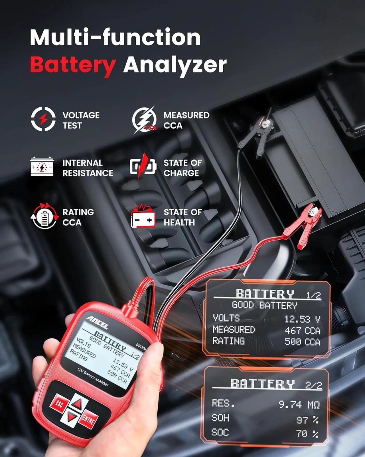 Alt view image 3 of 7 - BST200 Car Battery Tester 12V 100-1100 CCA Automotive Bad Cell Load Test Tool Digital Analyzer Tester for Car Truck Motorcycle SUV Boat and More