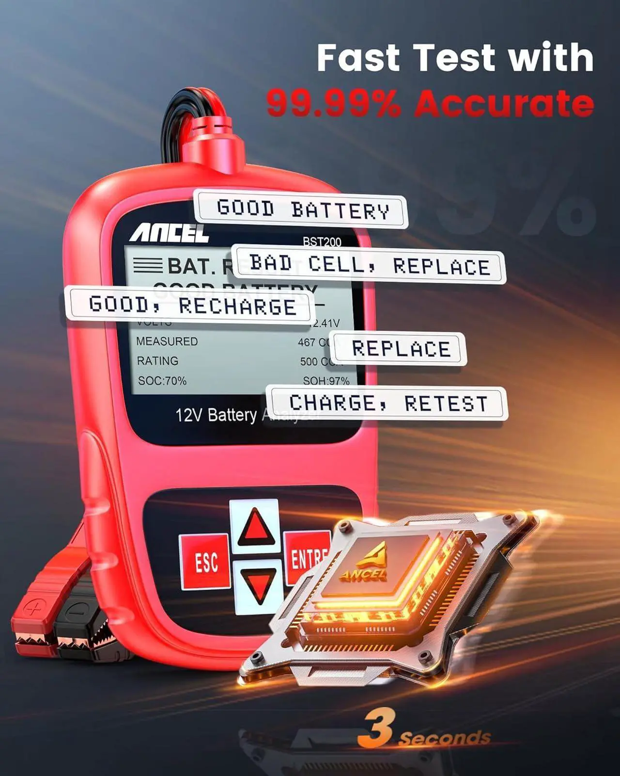 Alt view image 4 of 7 - BST200 Car Battery Tester 12V 100-1100 CCA Automotive Bad Cell Load Test Tool Digital Analyzer Tester for Car Truck Motorcycle SUV Boat and More
