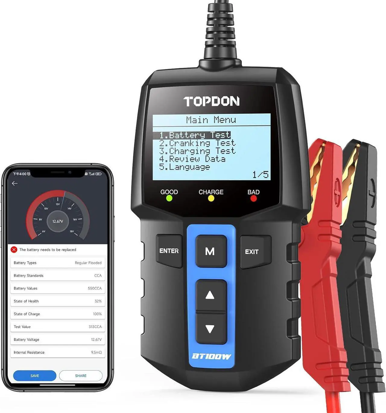 Main image of 2 in 1 Car Battery Tester, TOPDON BT100W 12V Bluetooth Battery Tester Automotive Supported Battery Library, 100-2000 CCA Alternator Tester Digital Battery Load Tester Charging Cranking System Tester