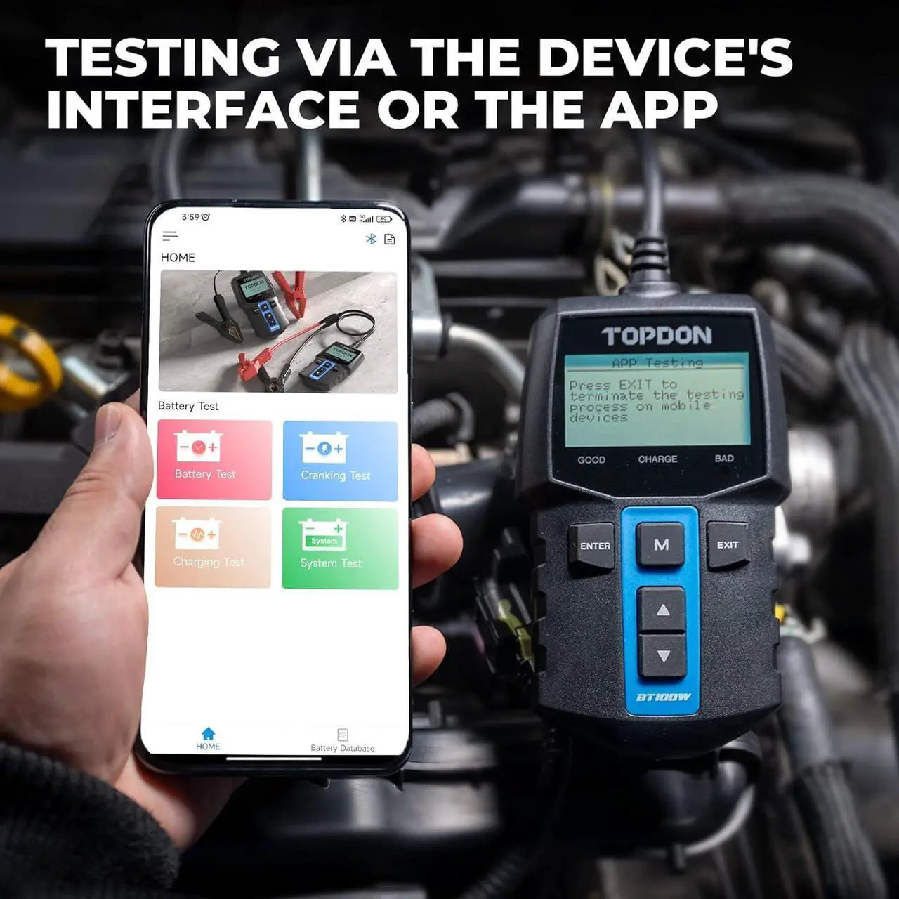 Alt view image 2 of 7 - 2 in 1 Car Battery Tester, TOPDON BT100W 12V Bluetooth Battery Tester Automotive Supported Battery Library, 100-2000 CCA Alternator Tester Digital Battery Load Tester Charging Cranking System Tester