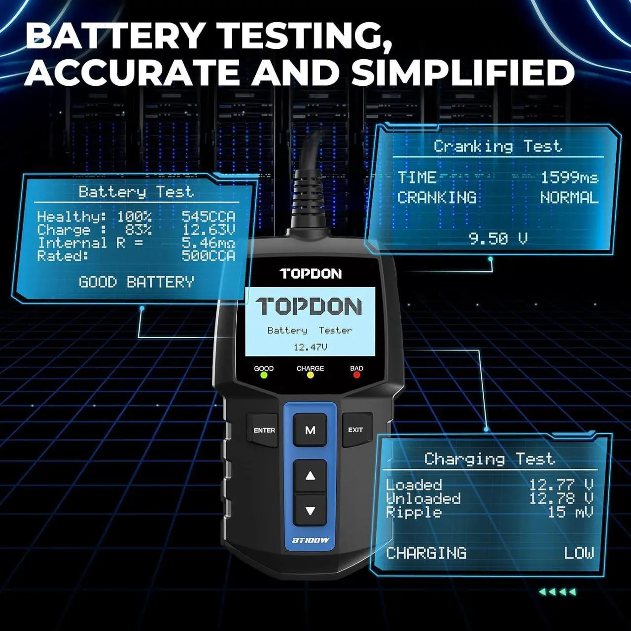 Alt view image 5 of 7 - 2 in 1 Car Battery Tester, TOPDON BT100W 12V Bluetooth Battery Tester Automotive Supported Battery Library, 100-2000 CCA Alternator Tester Digital Battery Load Tester Charging Cranking System Tester