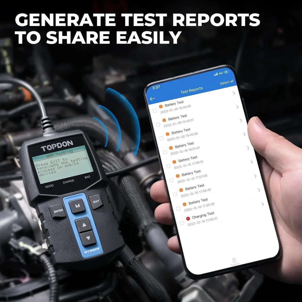 Alt view image 6 of 7 - 2 in 1 Car Battery Tester, TOPDON BT100W 12V Bluetooth Battery Tester Automotive Supported Battery Library, 100-2000 CCA Alternator Tester Digital Battery Load Tester Charging Cranking System Tester