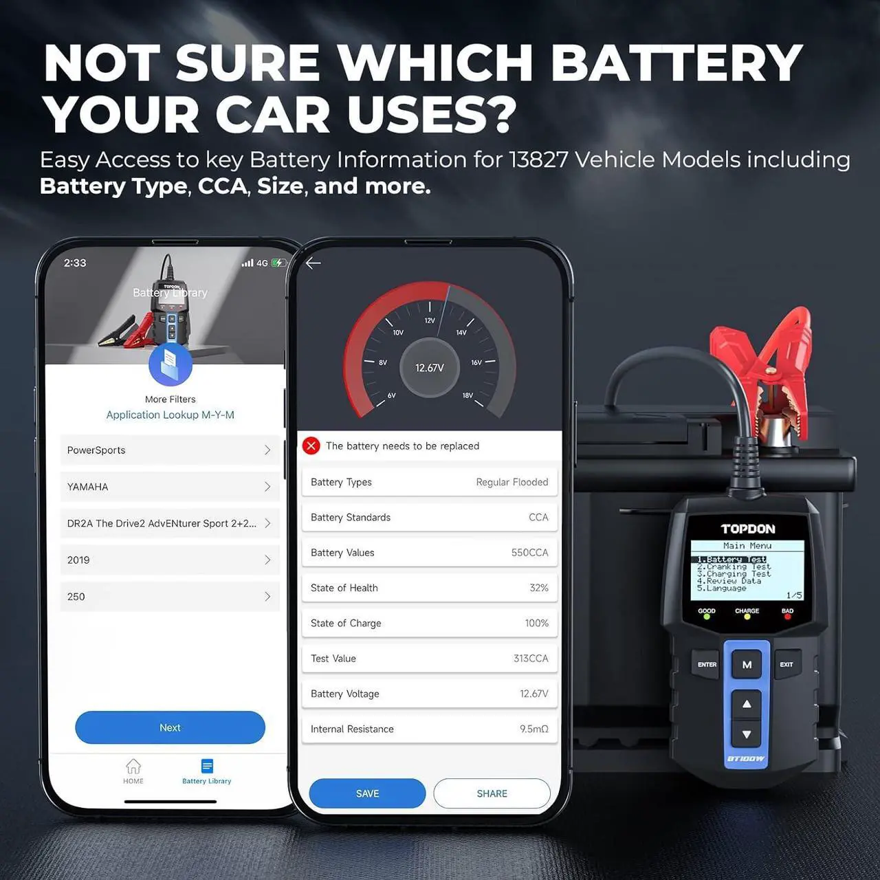 Alt view image 4 of 7 - 2 in 1 Car Battery Tester, TOPDON BT100W 12V Bluetooth Battery Tester Automotive Supported Battery Library, 100-2000 CCA Alternator Tester Digital Battery Load Tester Charging Cranking System Tester