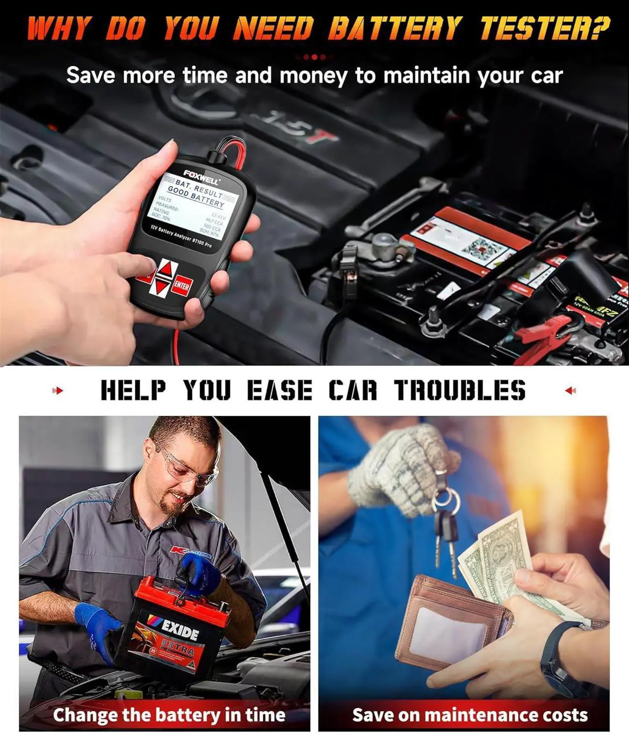 Alt view image 2 of 7 - BT100 Pro Car Battery Tester 12V Automotive, 100-1100CCA Digital Battery Analyzer, Auto Battery Checker Battery Load Tester for Car Marine Boat SUV