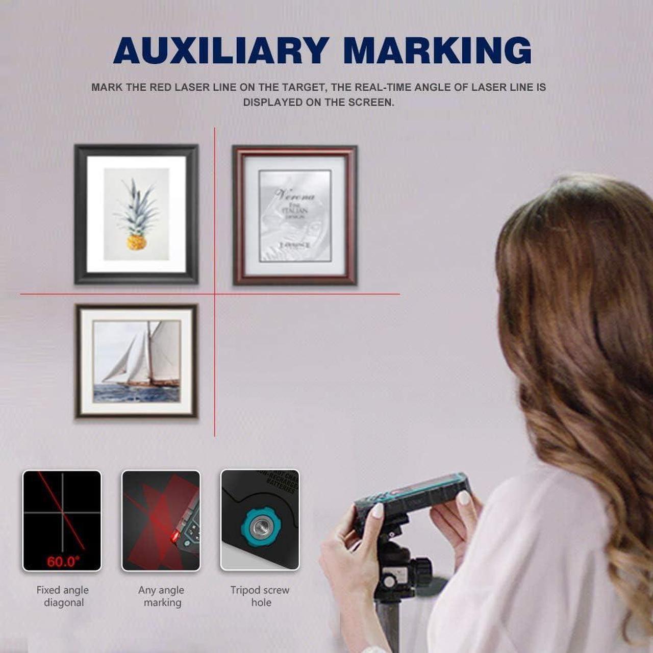 Alt view image 3 of 7 - R2B 200ft Laser Measurement Tool with Built-in Wheel for Curved Measure, Laser Line Marking Funcation Measuring Tool with Angle Sensor, Pythagorean, Point to Point, Area and Volume Measure
