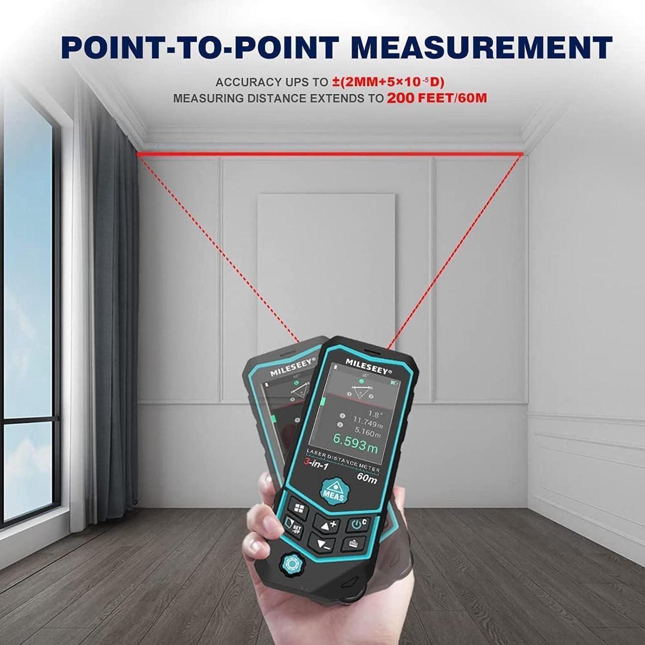 Alt view image 4 of 7 - R2B 200ft Laser Measurement Tool with Built-in Wheel for Curved Measure, Laser Line Marking Funcation Measuring Tool with Angle Sensor, Pythagorean, Point to Point, Area and Volume Measure