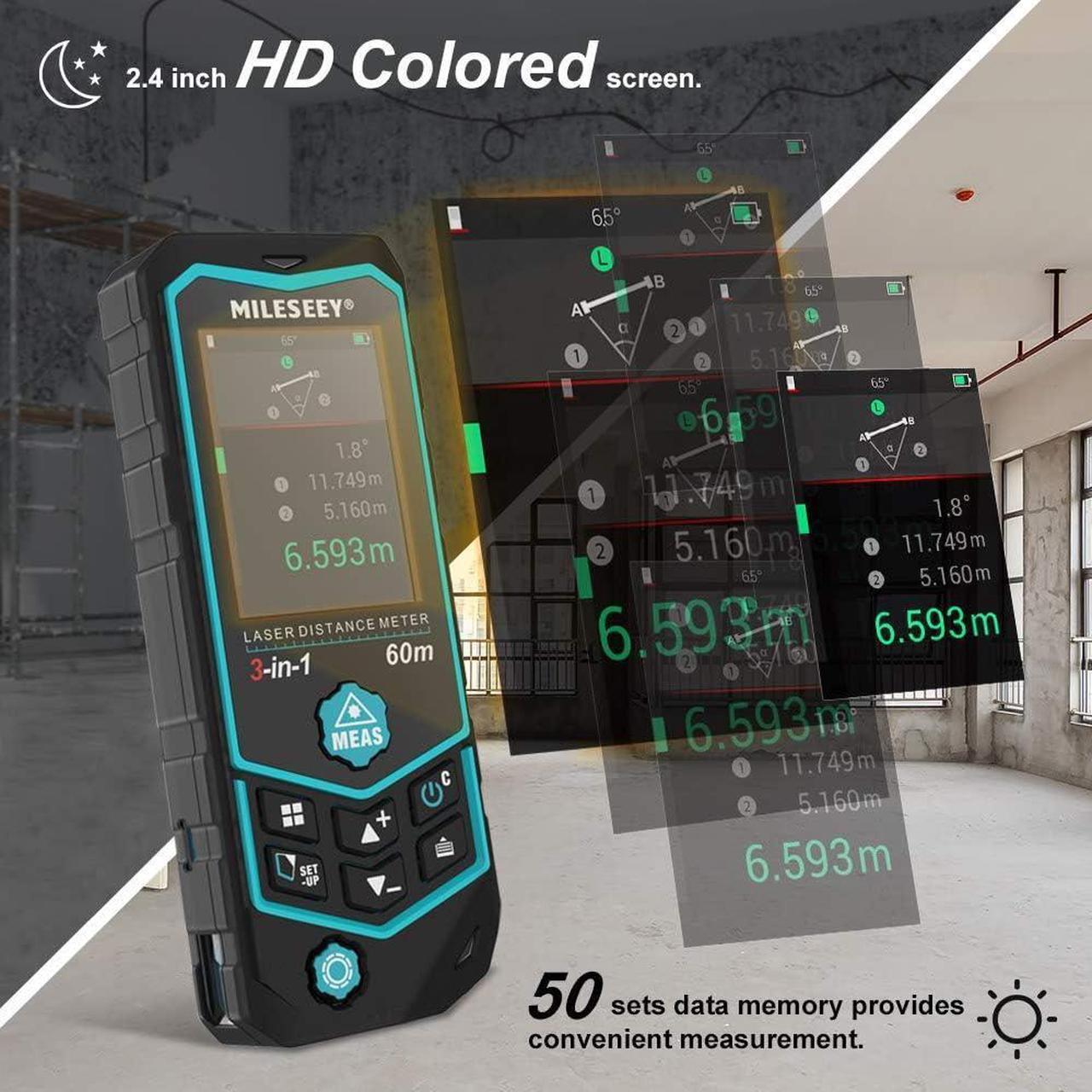 Alt view image 6 of 7 - R2B 200ft Laser Measurement Tool with Built-in Wheel for Curved Measure, Laser Line Marking Funcation Measuring Tool with Angle Sensor, Pythagorean, Point to Point, Area and Volume Measure