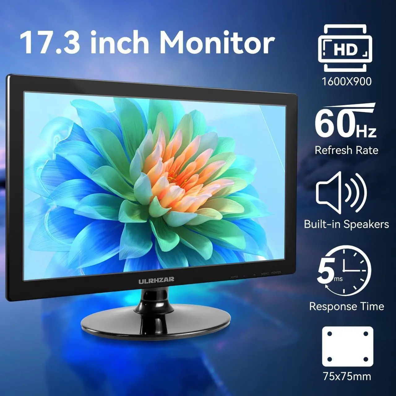 Alt view image 2 of 7 - 17.3 Inch Security Camera Monitor, PC Desktop Monitor 16:9, CCTV Monitor 60Hz LCD Display Screen with HDMI VGA,Built-in Speakers for CCTV Security DVR NVR Raspberry Pi, Wall Mounting 1600x900