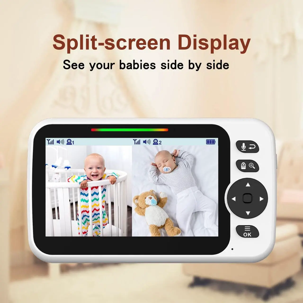 Alt view image 2 of 7 - Baby Monitor,5" Large Split-Screen Video Baby Monitor with 2 Cameras and Audio, Remote Pan/Tilt/Zoom, Two-Way Talk, Room Temperature Monitor, Auto Night Vision, Power Saving/Vox