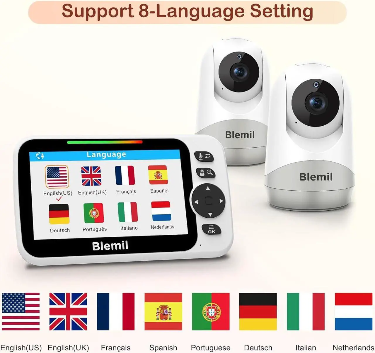Alt view image 3 of 7 - Baby Monitor,5" Large Split-Screen Video Baby Monitor with 2 Cameras and Audio, Remote Pan/Tilt/Zoom, Two-Way Talk, Room Temperature Monitor, Auto Night Vision, Power Saving/Vox