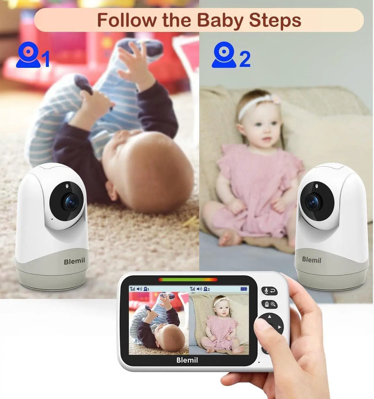 Alt view image 4 of 7 - Baby Monitor,5" Large Split-Screen Video Baby Monitor with 2 Cameras and Audio, Remote Pan/Tilt/Zoom, Two-Way Talk, Room Temperature Monitor, Auto Night Vision, Power Saving/Vox