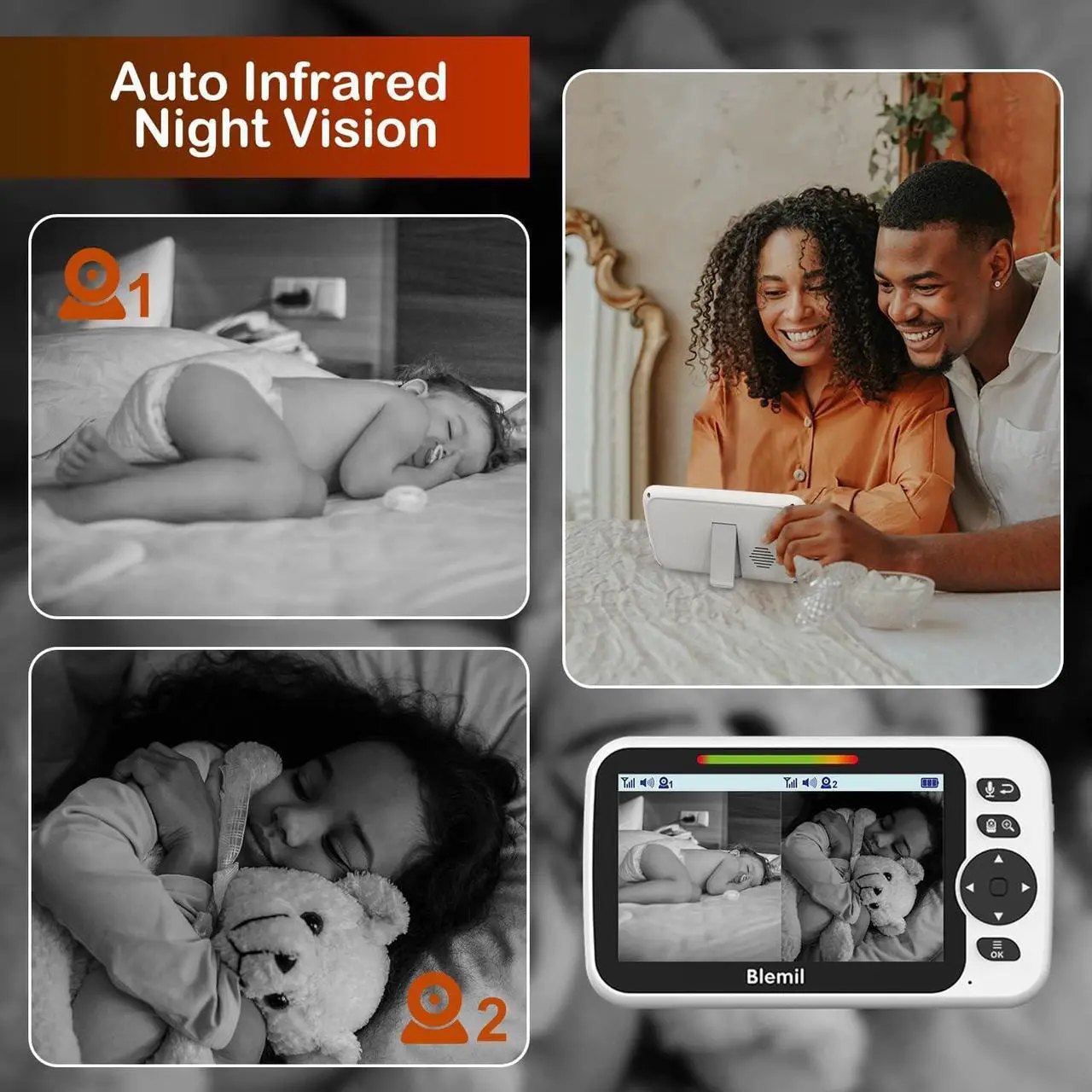 Alt view image 5 of 7 - Baby Monitor,5" Large Split-Screen Video Baby Monitor with 2 Cameras and Audio, Remote Pan/Tilt/Zoom, Two-Way Talk, Room Temperature Monitor, Auto Night Vision, Power Saving/Vox