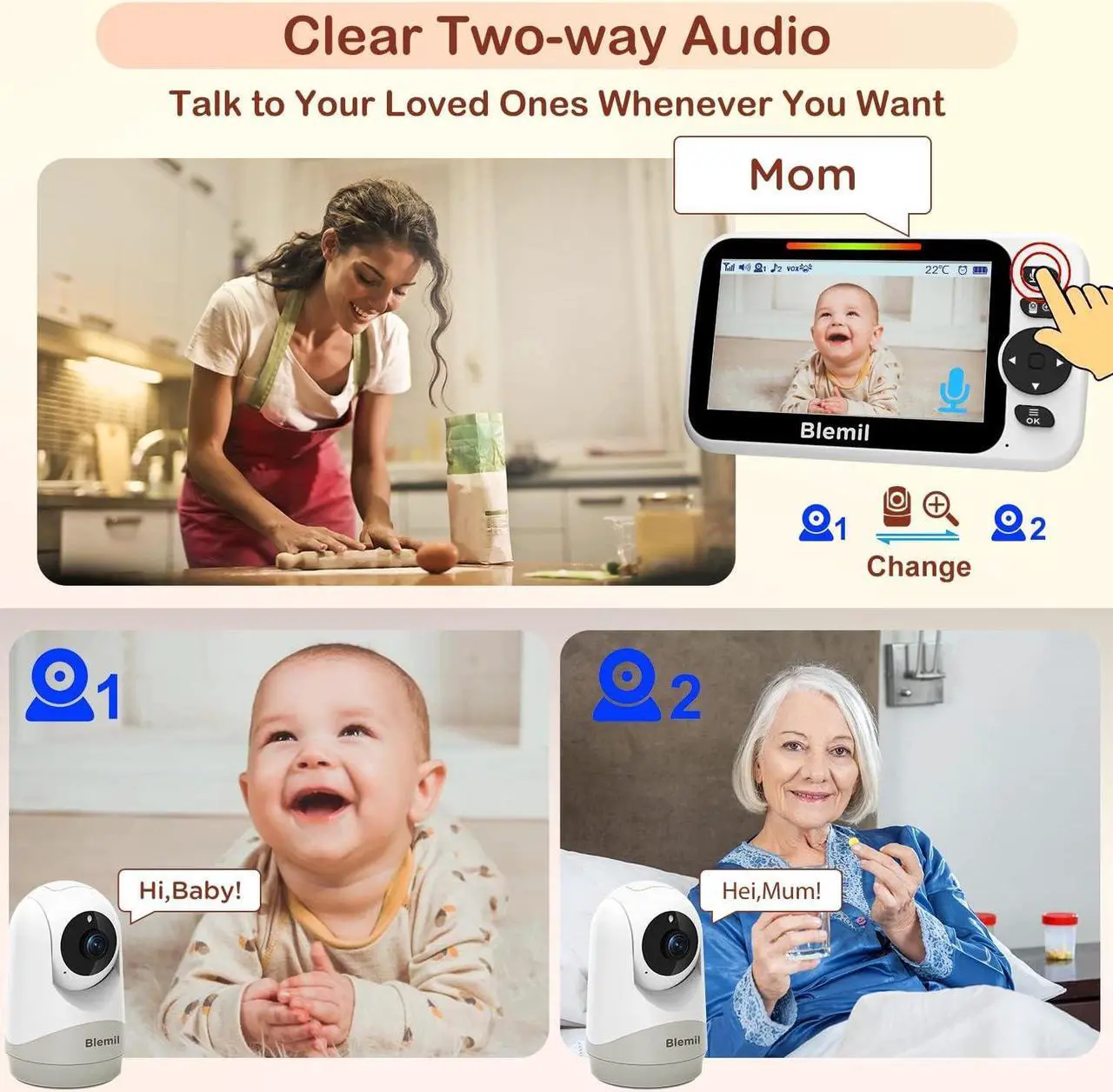 Alt view image 6 of 7 - Baby Monitor,5" Large Split-Screen Video Baby Monitor with 2 Cameras and Audio, Remote Pan/Tilt/Zoom, Two-Way Talk, Room Temperature Monitor, Auto Night Vision, Power Saving/Vox