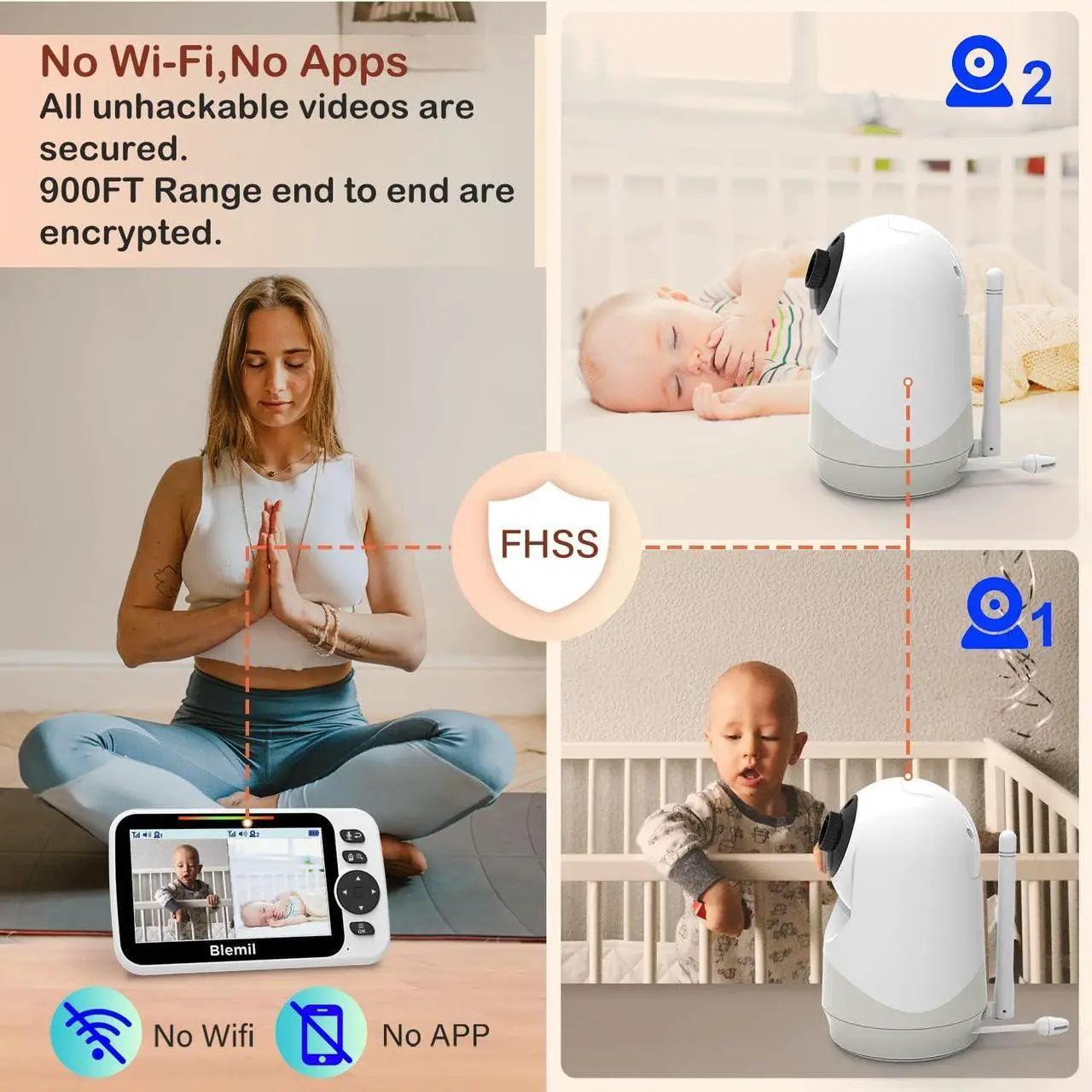 Alt view image 7 of 7 - Baby Monitor,5" Large Split-Screen Video Baby Monitor with 2 Cameras and Audio, Remote Pan/Tilt/Zoom, Two-Way Talk, Room Temperature Monitor, Auto Night Vision, Power Saving/Vox