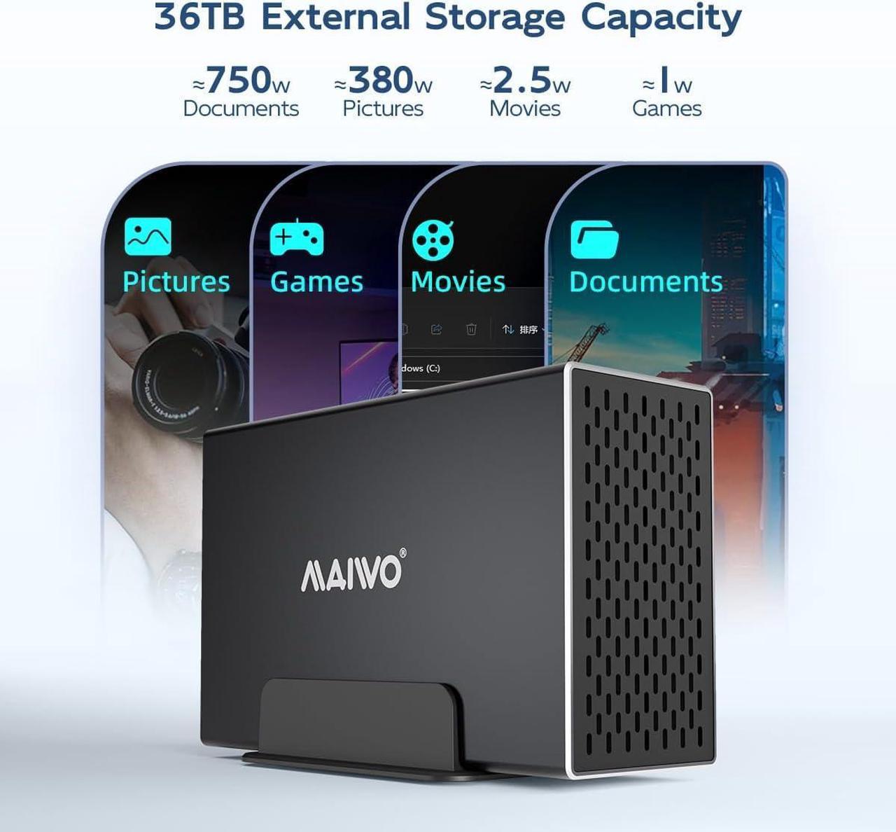 Alt view image 4 of 7 - Dual Bay Hard Drive RAID Enclosure for 3.5 inch SATA HDD, RAID 0/1/JBOD/PM 5Gbps USB 3.0 to SATA Disk Adapter, 36TB Capacity, Aluminum External HDD Case