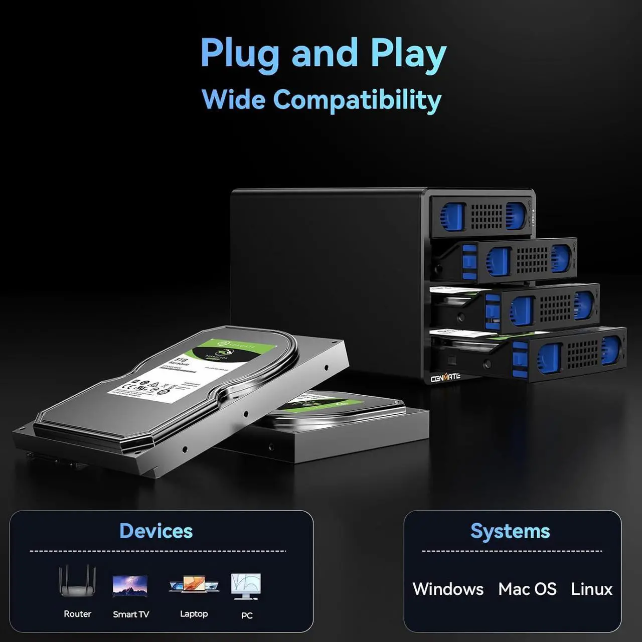 Alt view image 7 of 7 - 4 Bay Hard Drive Enclosure with Cooling Fan for 2.5/3.5&" SATA HDD/SSD with USB A/C 3.0eSATA Cable, 3.5 Hard Drive Reader Supports 72TB Capacity(NO RAID/NAS)