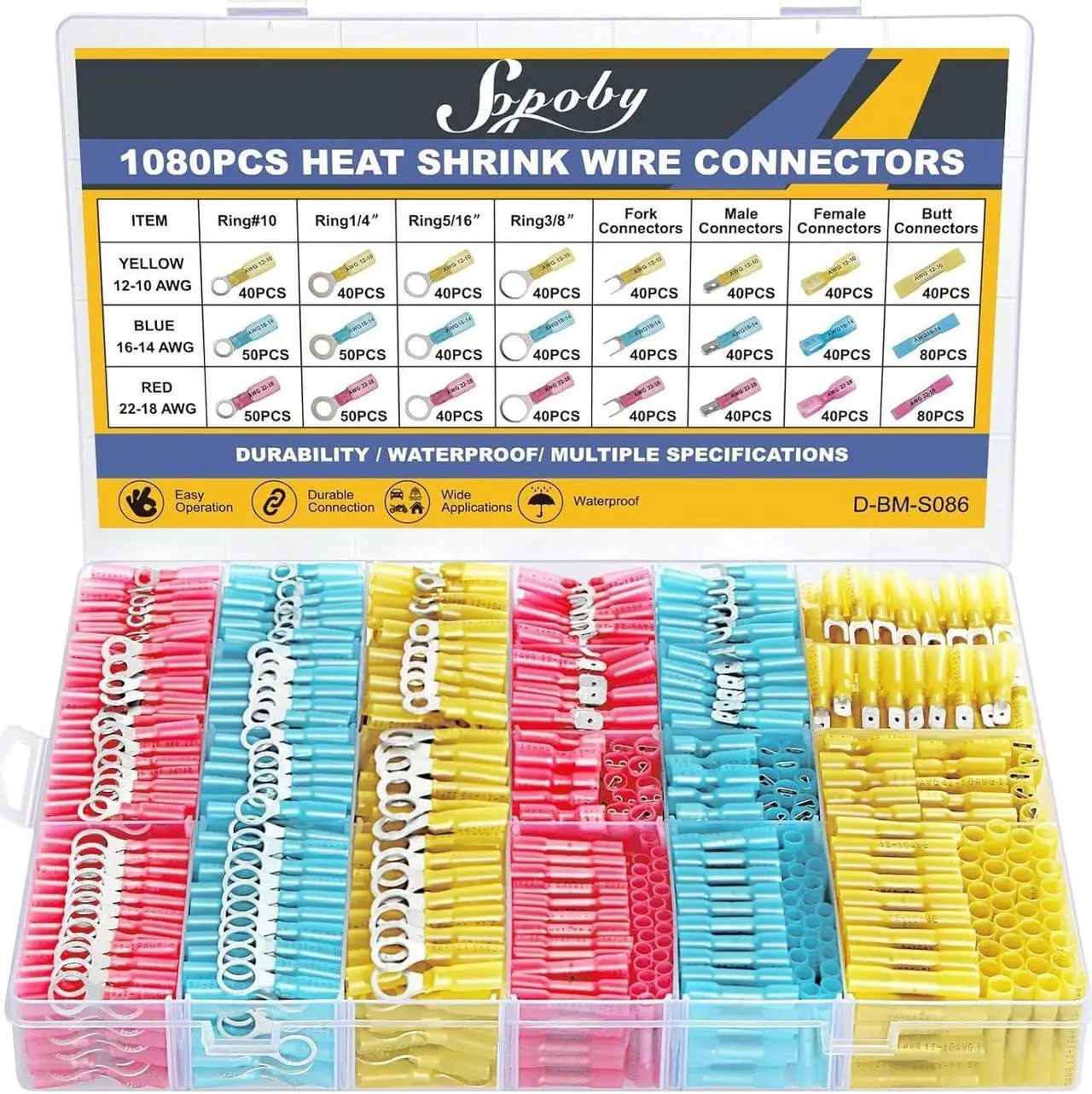 Main image of 1080PCS Heat Shrink Wire Connectors, Sopoby Marine Grade Electrical Connectors Kit of Tinned Red Copper, Waterproof Crimp Insulated Ring Fork Spade Butt Splice AWG 22-10