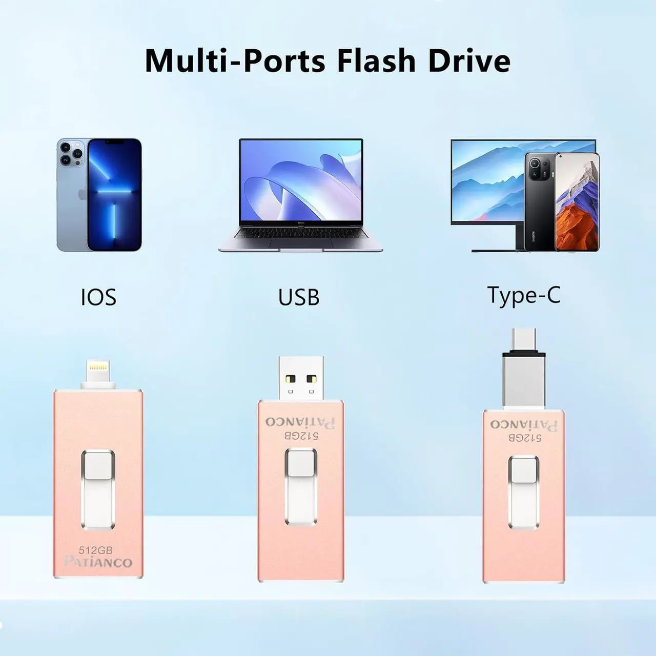 Alt view image 3 of 6 - Photo Stick  MFi Certified for iPhone 512GB USB Flash Drive for iPhone Thumb Drive iPhone-Memory-Stick for iPad/iPhone/Computer Picture Keeper Portable Hard Drive-Pink