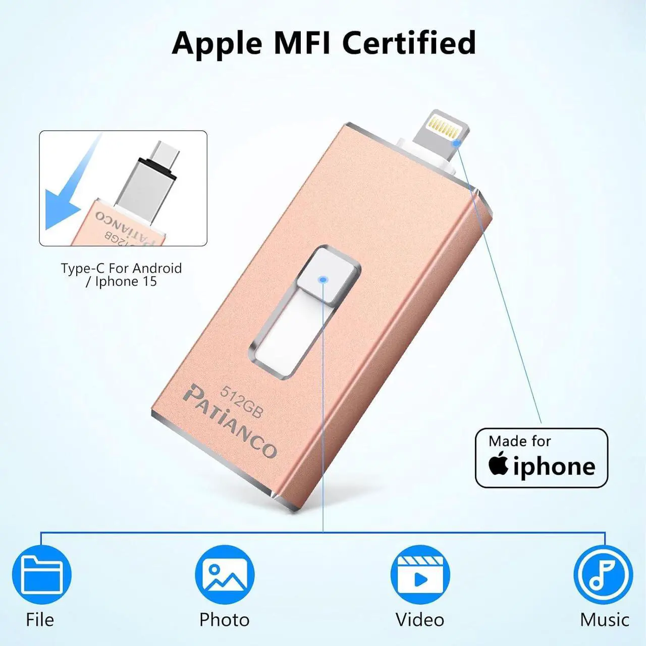Alt view image 2 of 6 - Photo Stick  MFi Certified for iPhone 512GB USB Flash Drive for iPhone Thumb Drive iPhone-Memory-Stick for iPad/iPhone/Computer Picture Keeper Portable Hard Drive-Pink