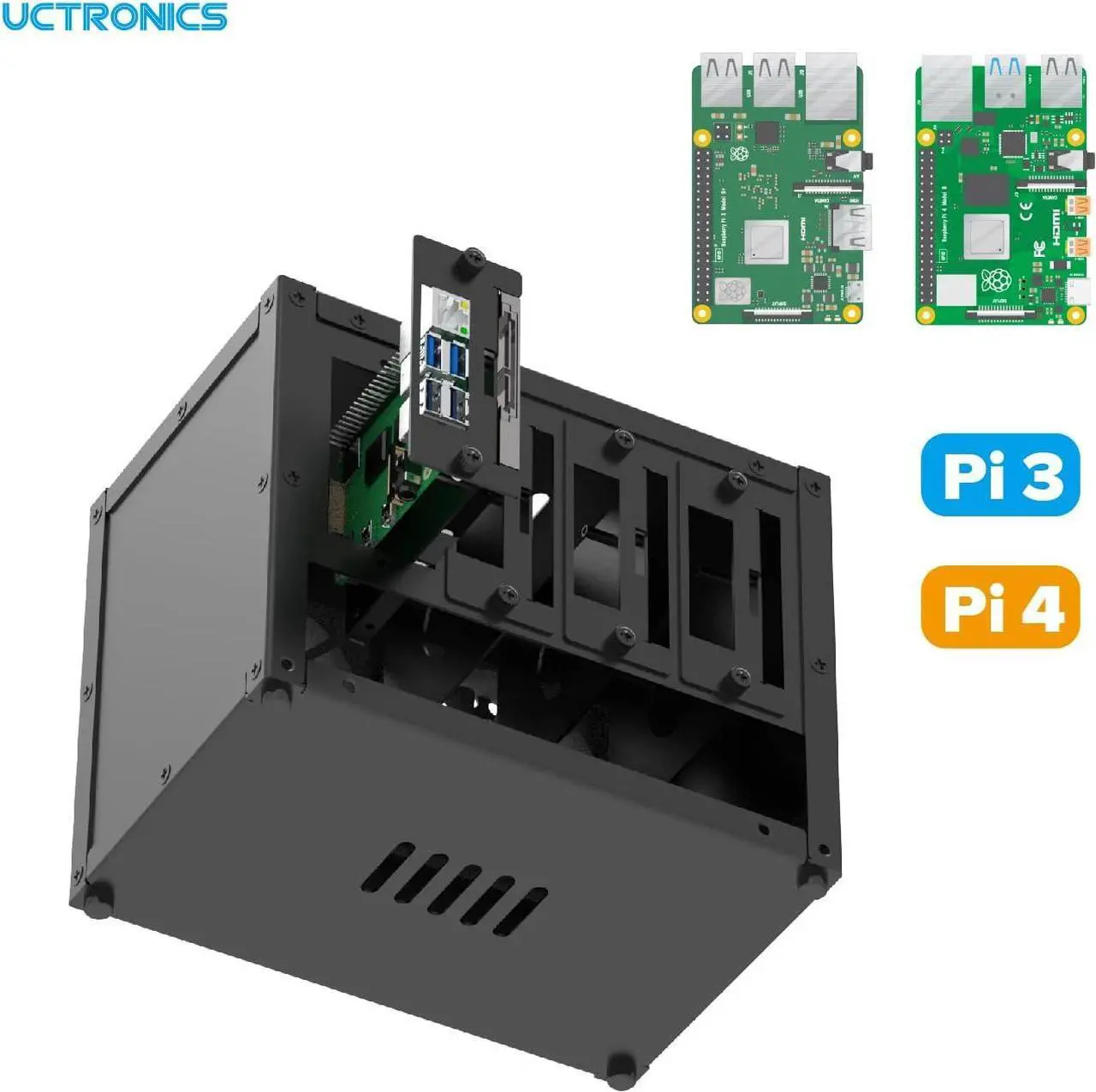 Alt view image 2 of 6 - Upgraded Complete Enclosure for Raspberry Pi Cluster, with 4 Removable Mounting Brackets for Pi 5, 4B, 3B+/3B, and Other B Model and 2 Cooling Fans,support 4 2.5" SSD and Switch
