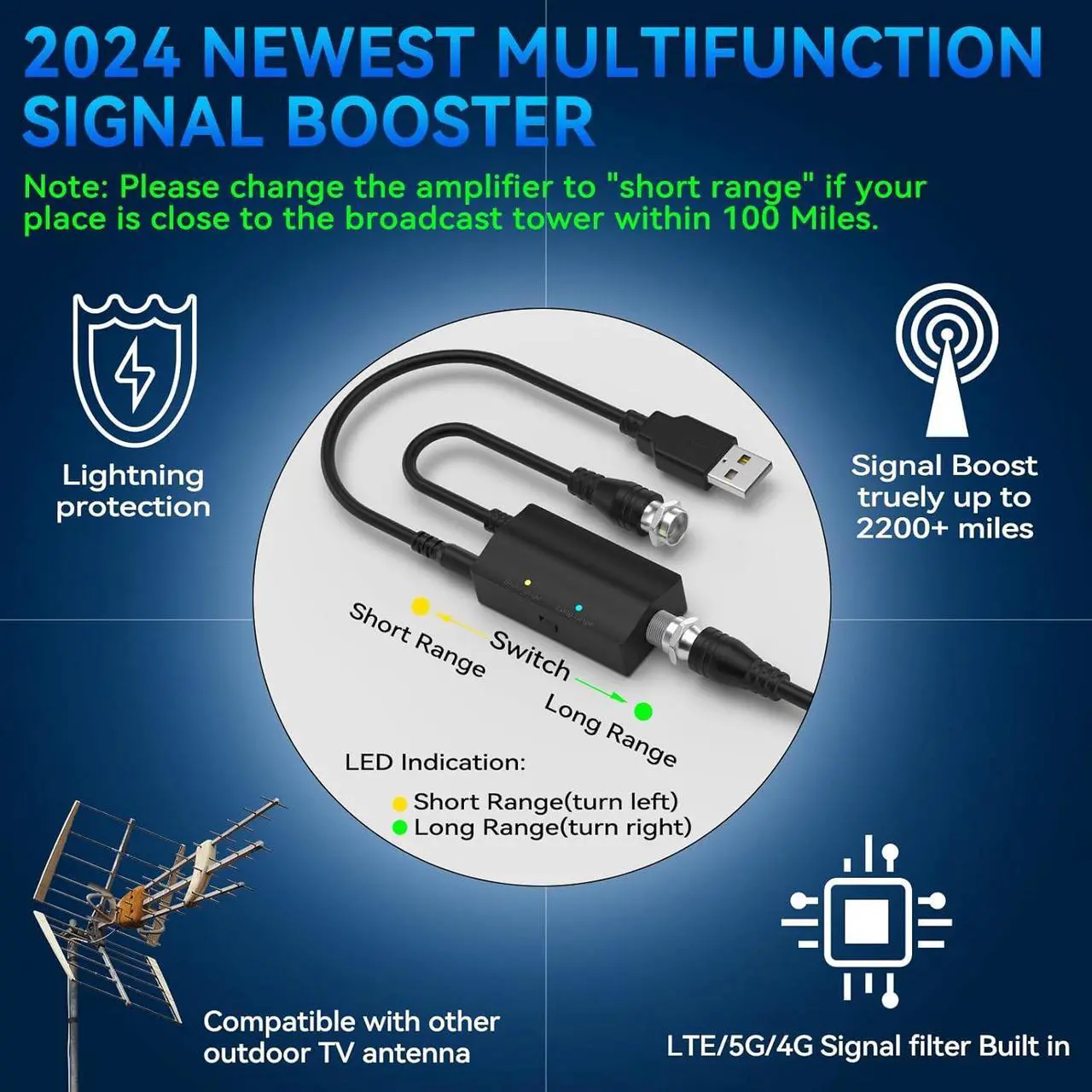 Alt view image 3 of 7 - 2200+ Miles Tv Antenna Indoor,  Best Rated Digital Hd Tv Antenna for Smart Tv 4k, Over The air HDTV Antenna Outdoor Without Cable, Amplifier, Signal Booster & 52FT Coax HDTV Cable/AC Adapter