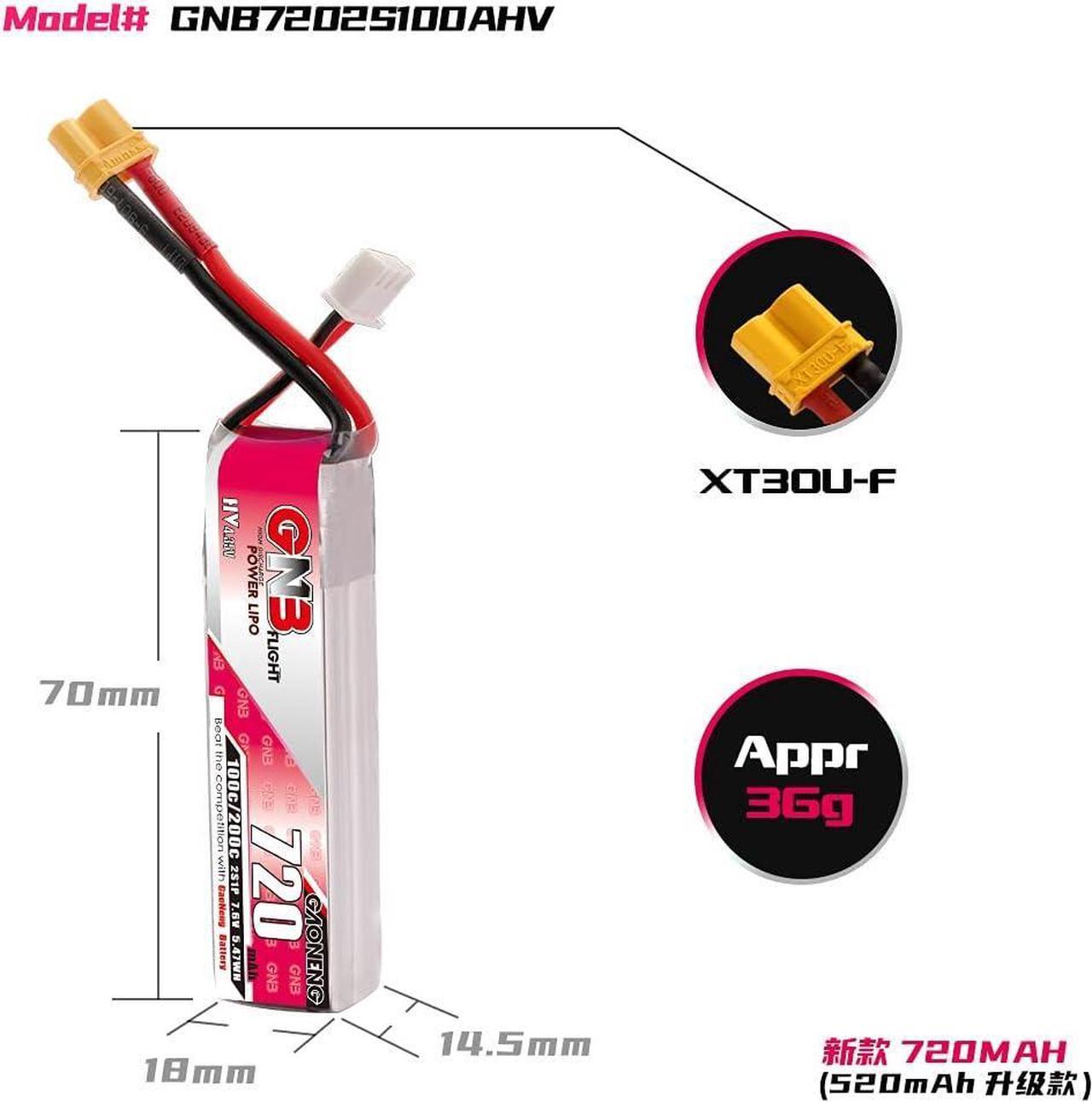 Alt view image 4 of 7 - 4PCS GNB 2S LiPo 850mAh 7.6V HV 60C 120C LiPo Battery Long Range with XT30 Plug for UMX Pitts S-1S Mini Micro FPV Freestyle Drone FPV Long Type