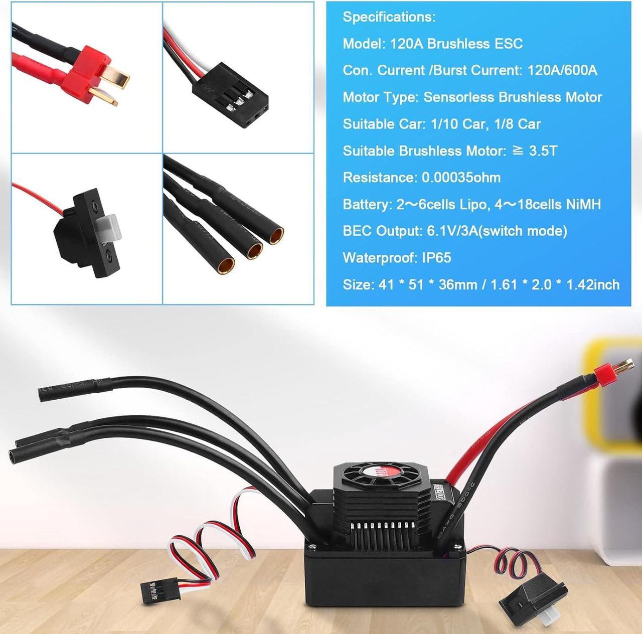 Alt view image 4 of 7 - 5900KV Sensorless Brushless RC Motor 120A Brushless ESC & Program Card Set Waterproof Motor ESC Combo 3.175mm Shaft Motor for 1:10 Scale RC Car Truck Update Parts