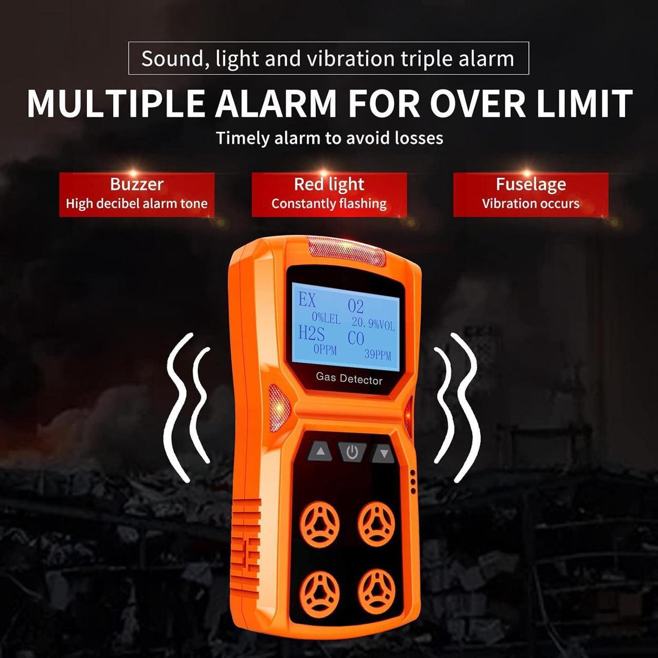 Alt view image 5 of 7 - Gas Detector, CHNADKS 4 Gas Monitor H2S,O2,CO and LEL Multiple Indicator with Vibration, Audible, Visual 4 Gas Monitor Personal Rechargeable Gas Sniffer Alarm with LCD