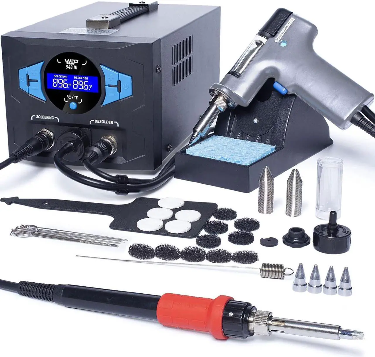 Main image of 948-III 2-IN-1 ESD Safe Desoldering Station and Soldering Station with Desoldering Gun, Soldering Iron, Sleep Mode, Temperature Calibration with 28 Pcs Accessories.
