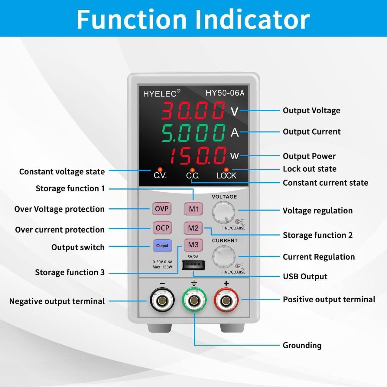 Alt view image 2 of 6 - DC Power Supply,50V 6A 150W Switching Regulated Bench Power Supply with Memory, 4-Digit LED Display, 110V Input Voltage, 5V2A USB Interface, Coarse and Fine Adjustments