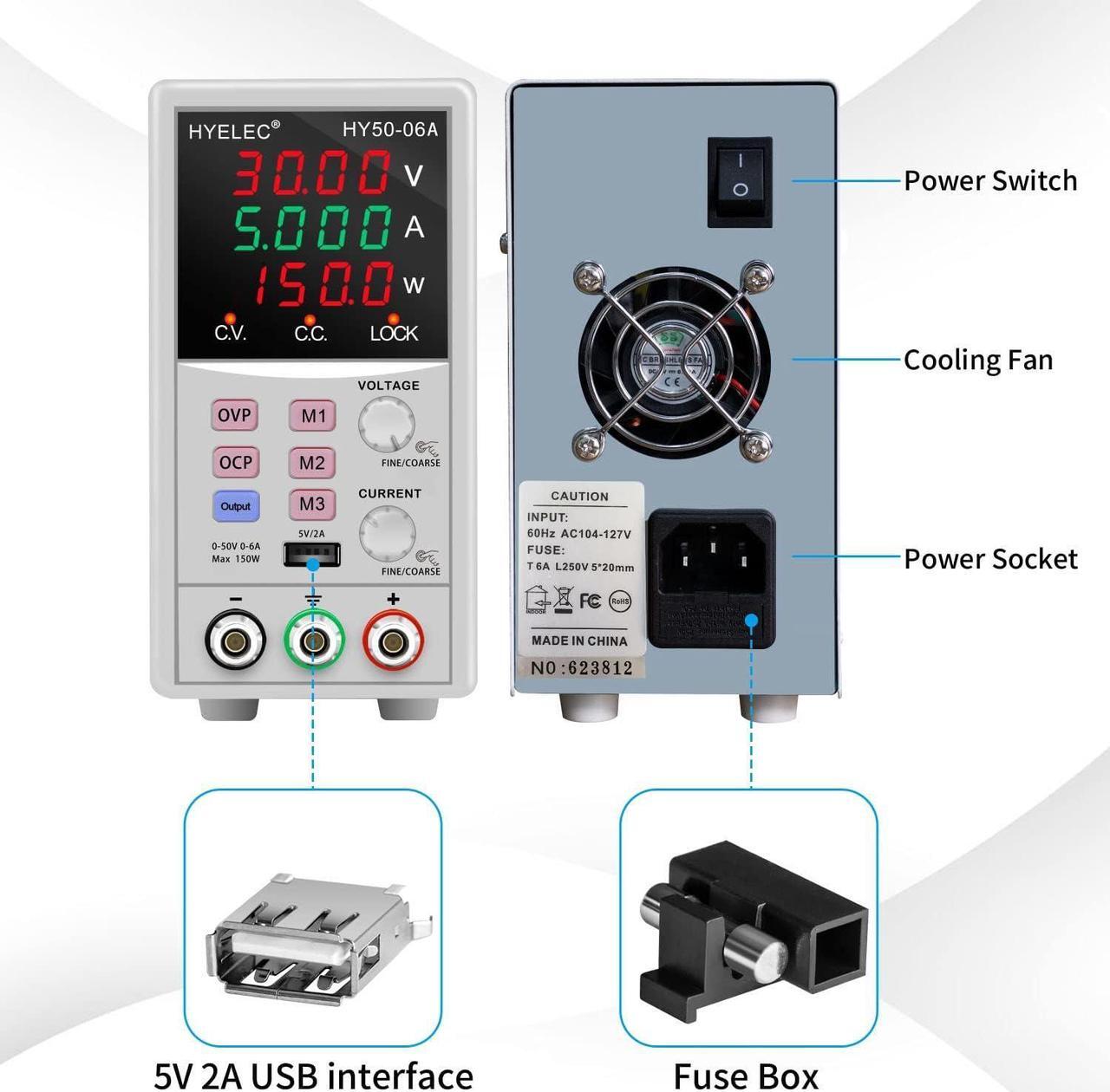 Alt view image 3 of 6 - DC Power Supply,50V 6A 150W Switching Regulated Bench Power Supply with Memory, 4-Digit LED Display, 110V Input Voltage, 5V2A USB Interface, Coarse and Fine Adjustments