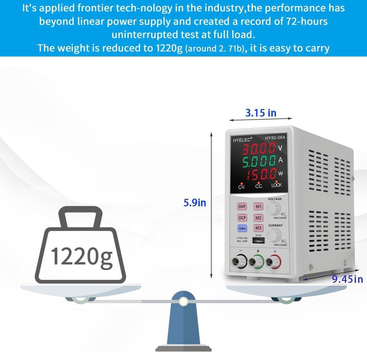 Alt view image 5 of 6 - DC Power Supply,50V 6A 150W Switching Regulated Bench Power Supply with Memory, 4-Digit LED Display, 110V Input Voltage, 5V2A USB Interface, Coarse and Fine Adjustments