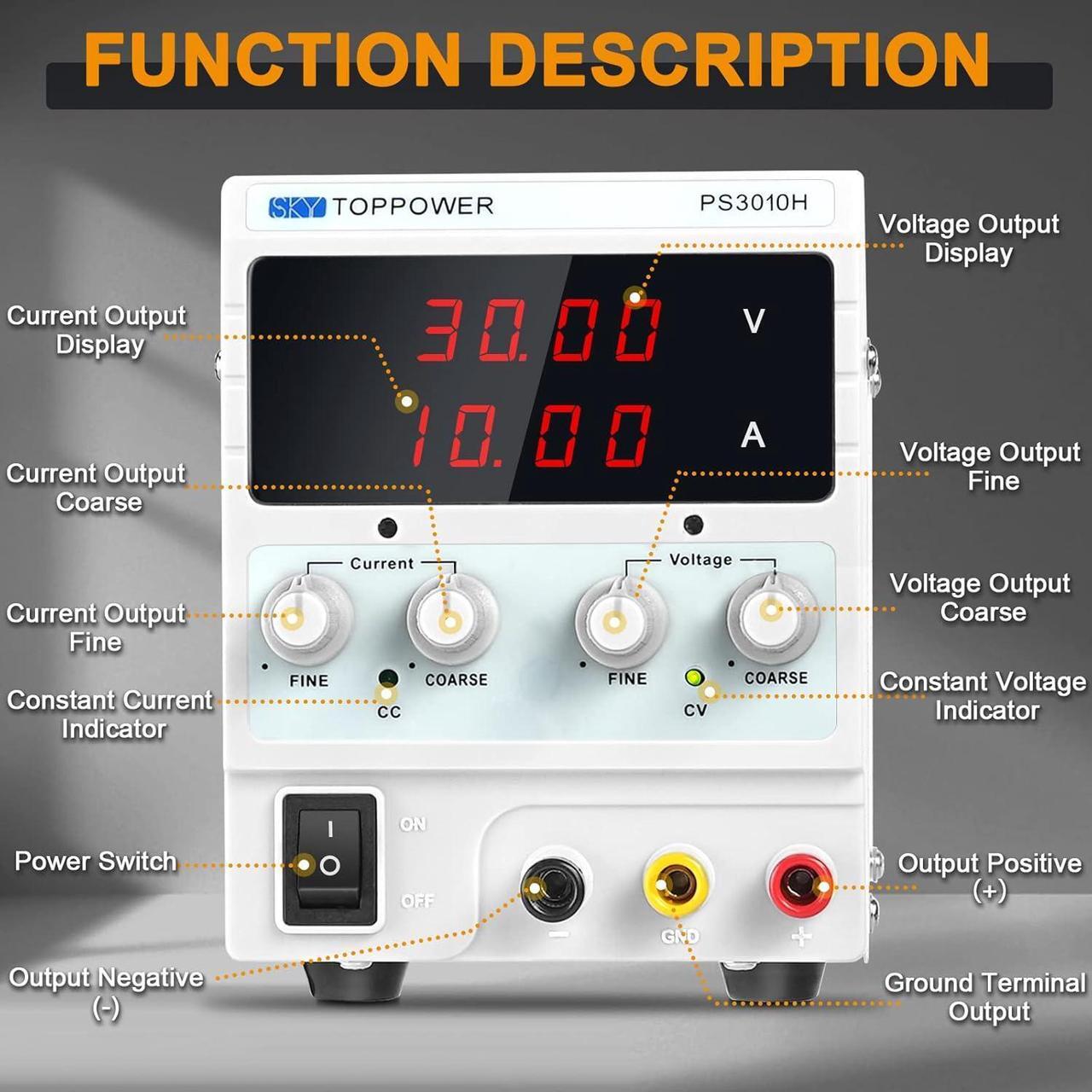 Alt view image 5 of 7 - 0-30V 0-10A Adjustable Regulated Bench Lab Power with 4-Digit Display,for Repairing Phones,Computers,Test,Battery Charging,Electrolytic Power Supply,DIY,Sky TOPPOWER PS3010H