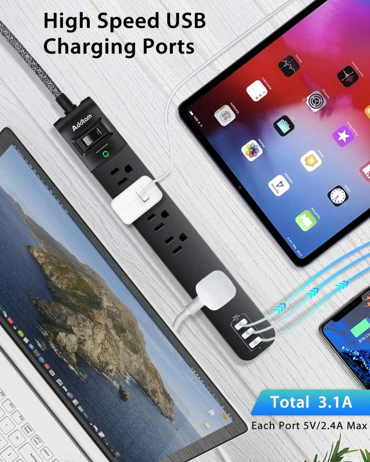 Alt view image 4 of 7 - Extension Cord with 5 Widely Outlets 3 USB Charging Ports, Flat Plug Overload Surge Protection, Wall Mount, Multi Outlet Extender for Home, Office ETL Listed, 2 Pack