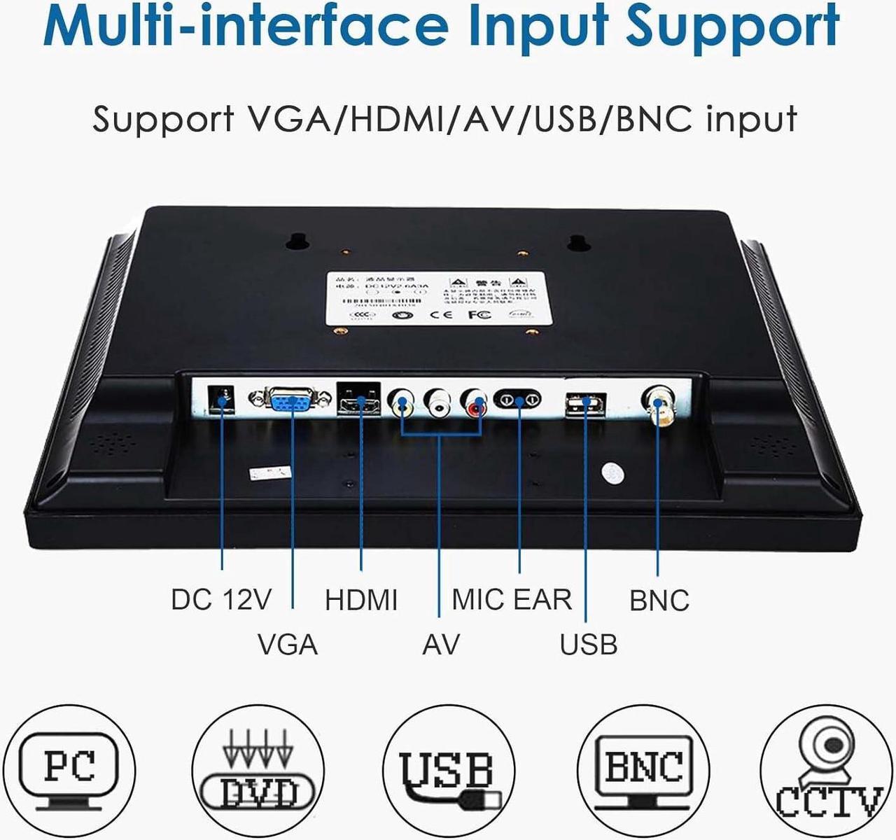Alt view image 6 of 7 - 12 Inch LCD Security CCTV Monitor, 800x600 4:3 Resolution Color TFT LCD Display Screen with VGA/HDMI/AV/BNC/MIC USB Ports for Surveillance Camera, STB and Other Video Equipment