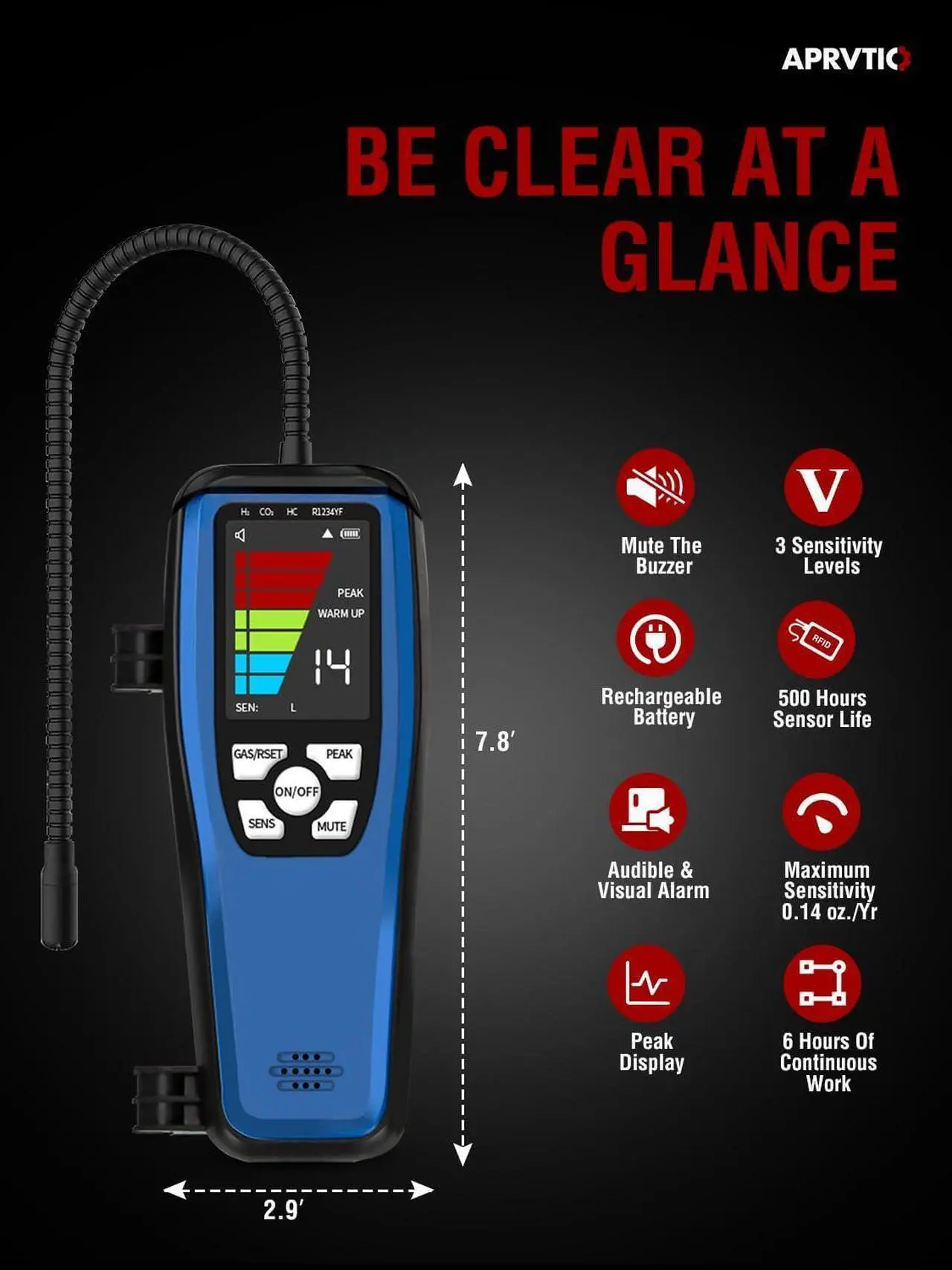 Alt view image 5 of 7 - Aprvtio ALD-200 ASHP Freon Leak Detector Battery Powered, Freon Sniffer Automotive Halogen Gas Leak Detector Detect R22, R134a, R415b, R417a CFCs HCFCs HFCs HCs