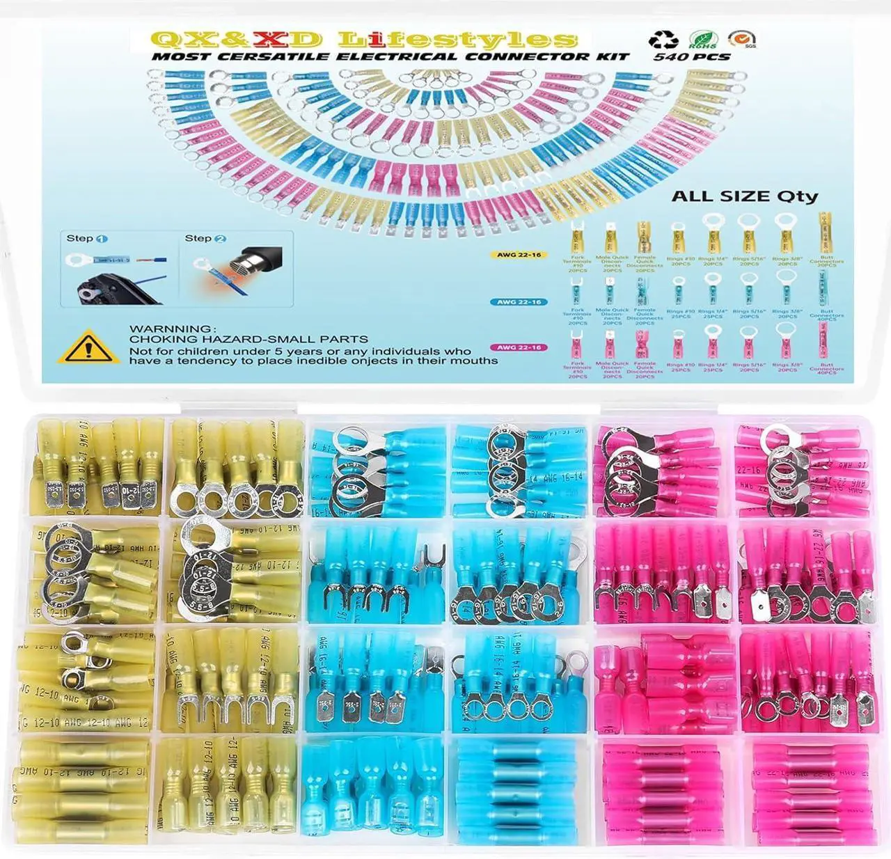 Main image of 540PCS Heat Shrink Wire Connectors,Electrical Terminals Kit,Waterproof,Automotive Marine Electrical Terminals Kit,Ring Fork Hook Spade Butt Splices,Tinned Red Copper,22-16,22-16,22-16 (540pcs)