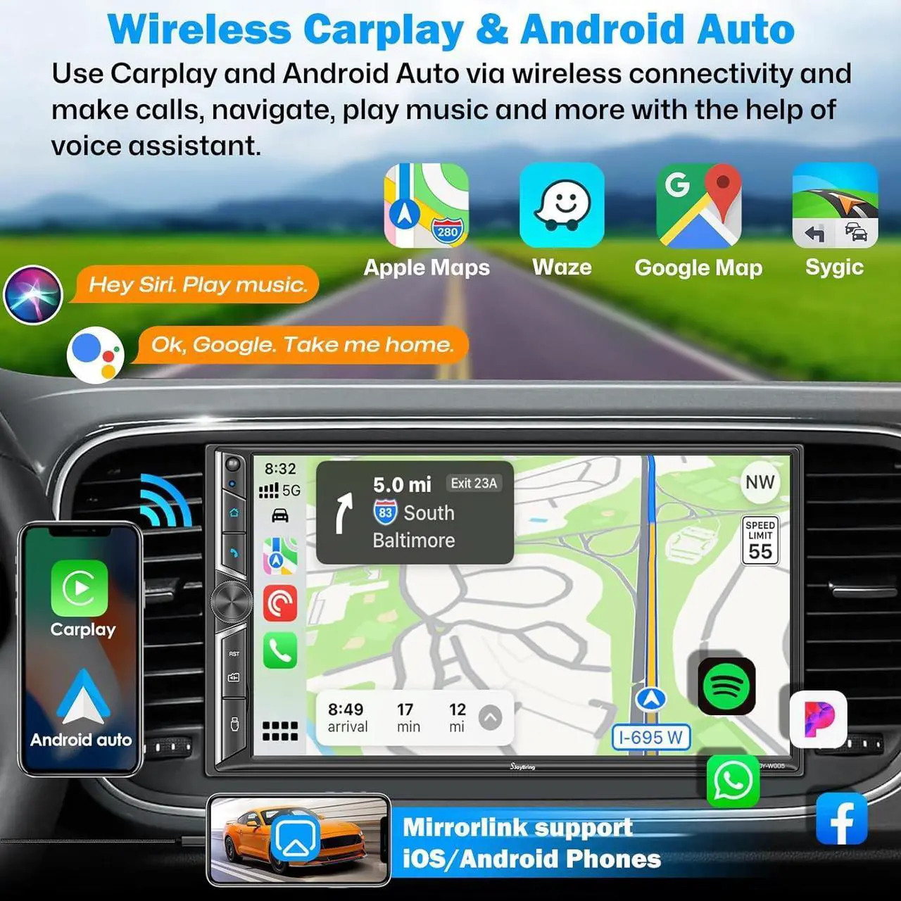 Alt view image 2 of 6 - Double Din Car Radio with Wireless  CarPlay and Android Auto, Bluetooth 5.3 Car Play, Mirror Link, 7" HD Touchscreen, Backup Camera, 4.2-Channel Audio Output, AM/FM Car Stereo