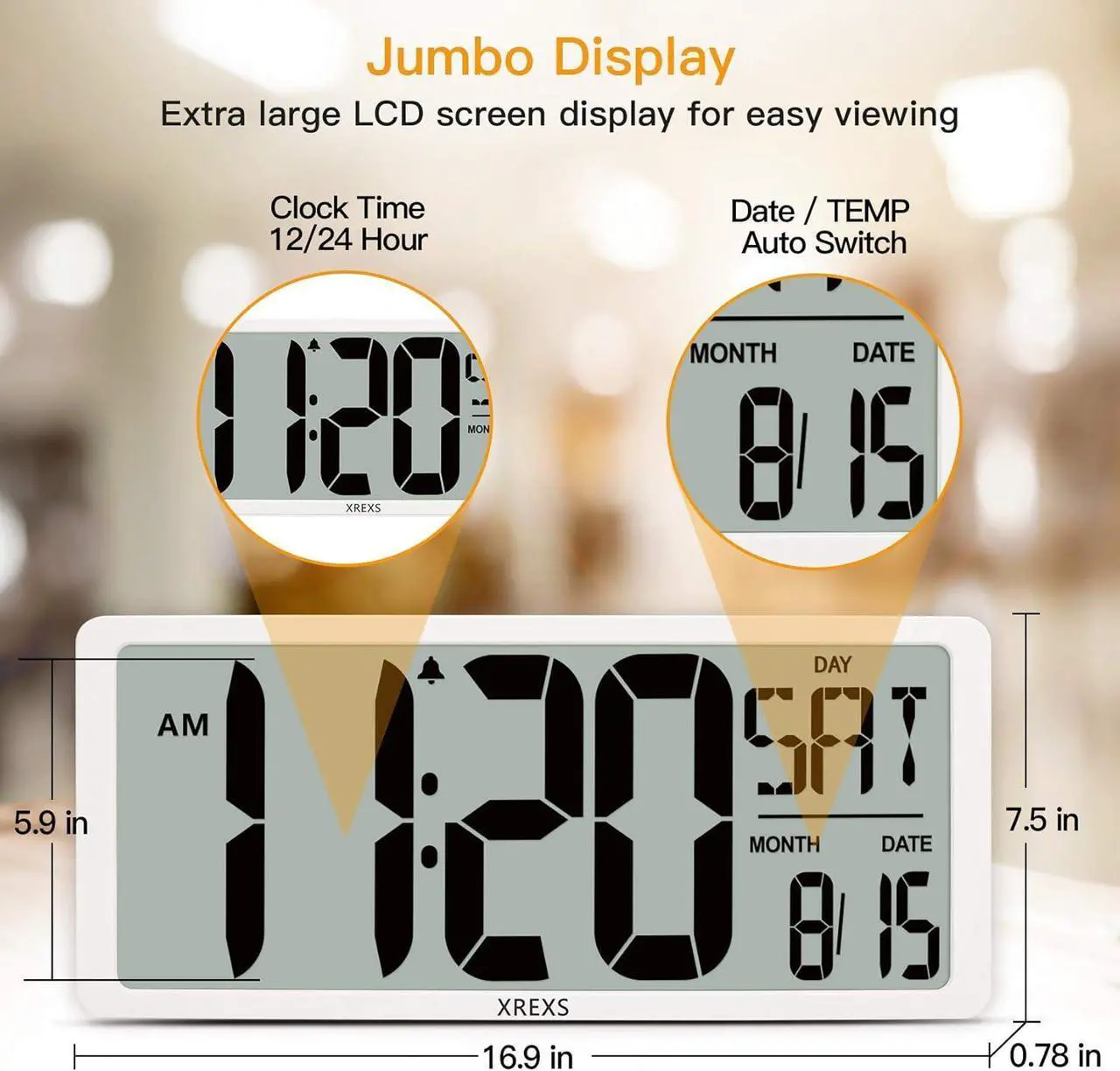 Alt view image 3 of 6 - Large Digital Wall Clock with Backlight, 16.9 Inch Jumbo LCD Screen with Time/Calendar/Temperature Display, Alarm Clocks for Bedroom Home Decor, Count Up & Down Timer (Batteries Included)