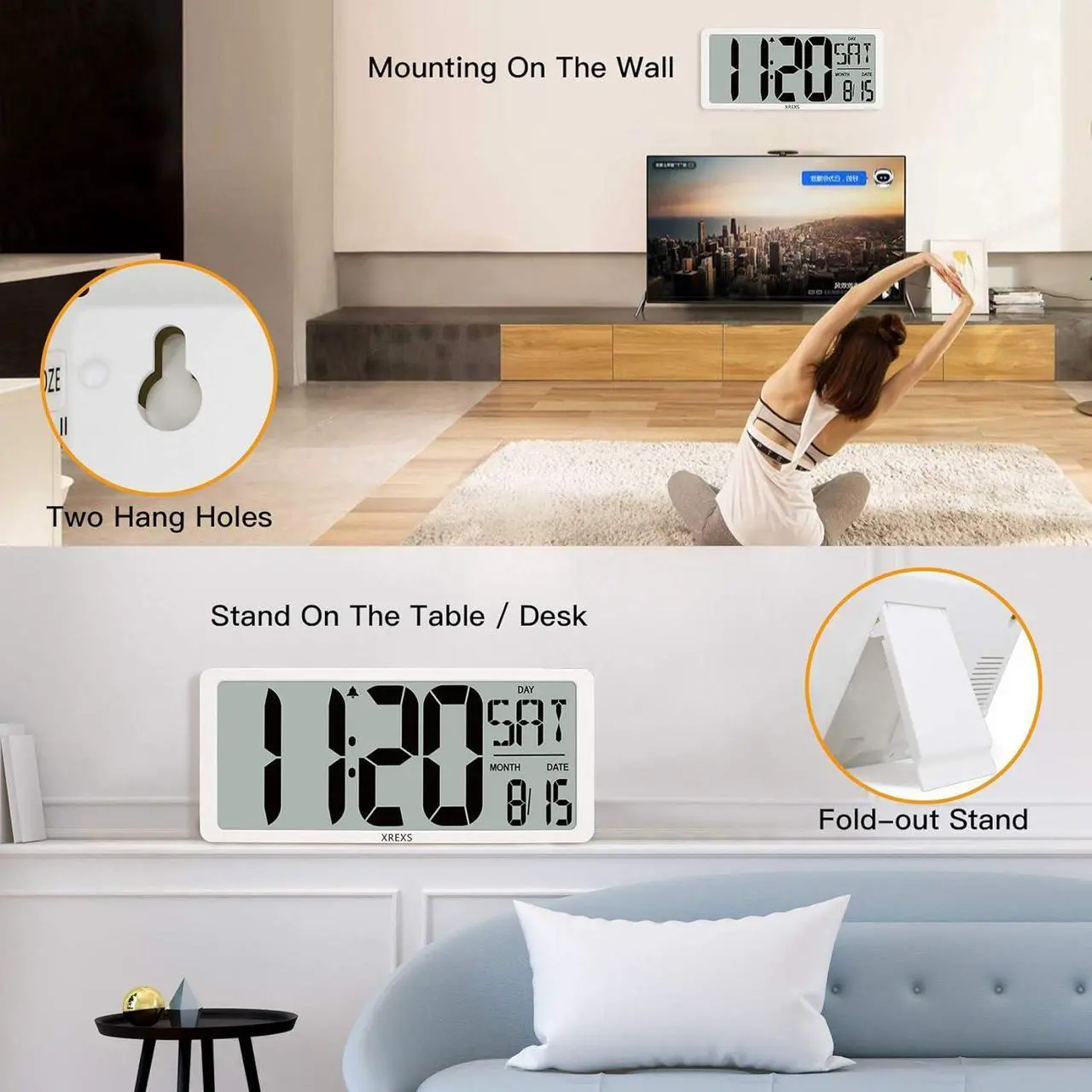 Alt view image 2 of 6 - Large Digital Wall Clock with Backlight, 16.9 Inch Jumbo LCD Screen with Time/Calendar/Temperature Display, Alarm Clocks for Bedroom Home Decor, Count Up & Down Timer (Batteries Included)