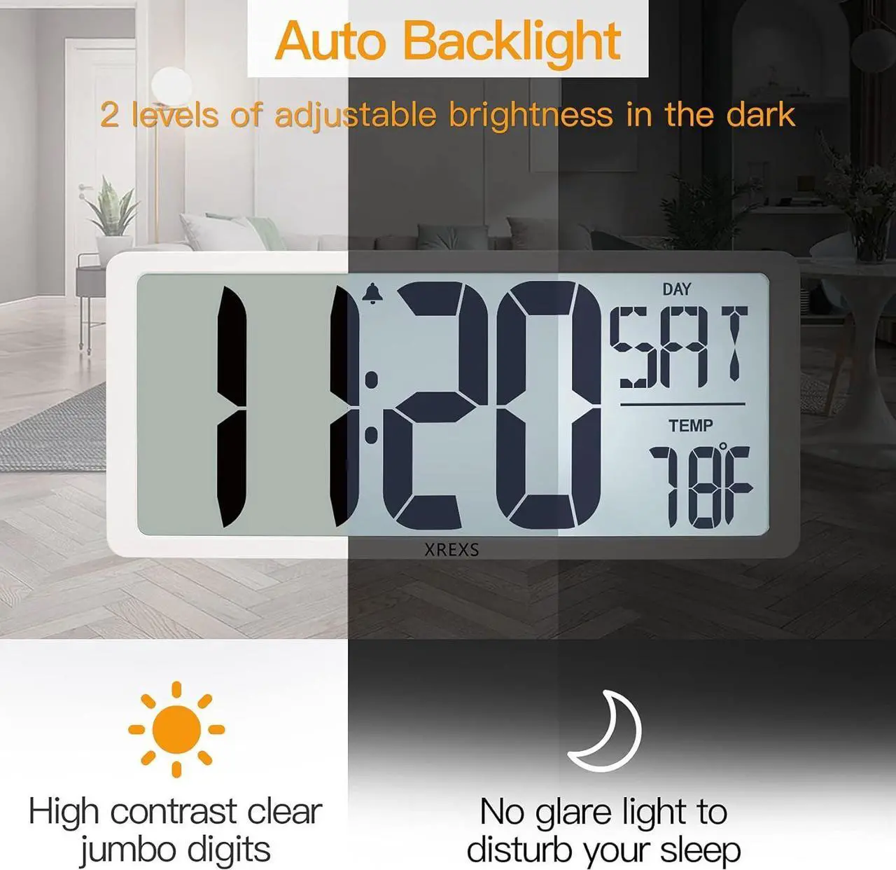 Alt view image 4 of 6 - Large Digital Wall Clock with Backlight, 16.9 Inch Jumbo LCD Screen with Time/Calendar/Temperature Display, Alarm Clocks for Bedroom Home Decor, Count Up & Down Timer (Batteries Included)