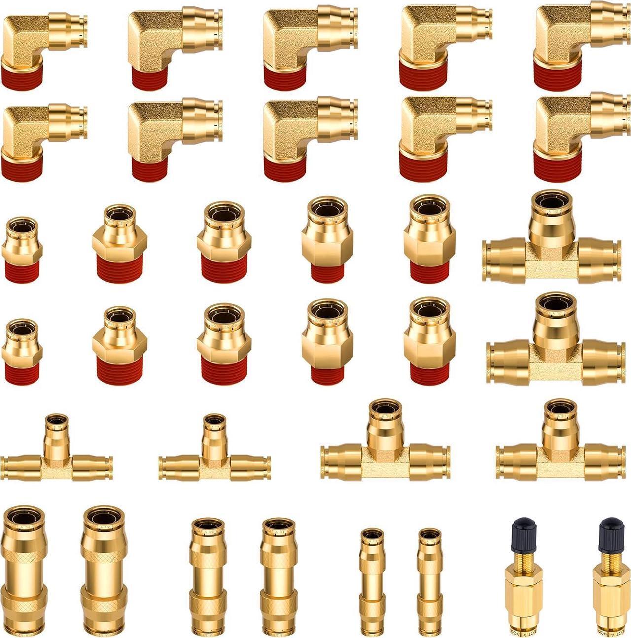 Main image of 34 Pcs Brass DOT Air Brake Line Fittings Assortment 1/4" 3/8" 1/2" Air Line Quick Connect Fittings Push to Connect Air fittings Kit with NPT Thread for Semi Trucks or Industrial Air System