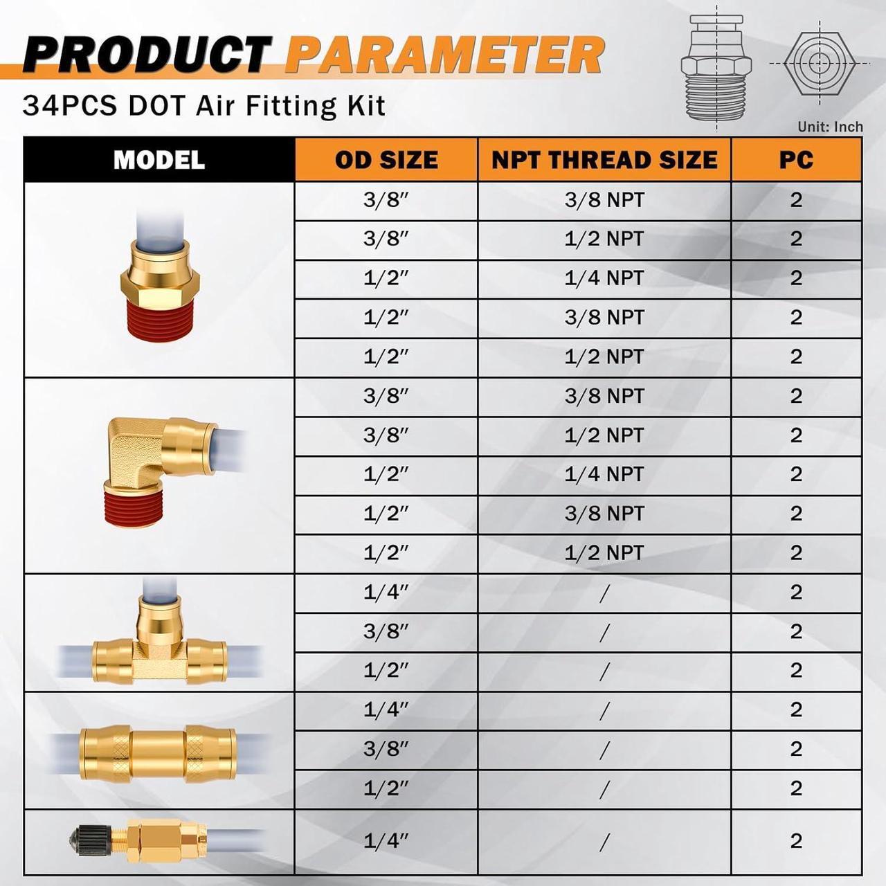 Alt view image 2 of 7 - 34 Pcs Brass DOT Air Brake Line Fittings Assortment 1/4" 3/8" 1/2" Air Line Quick Connect Fittings Push to Connect Air fittings Kit with NPT Thread for Semi Trucks or Industrial Air System