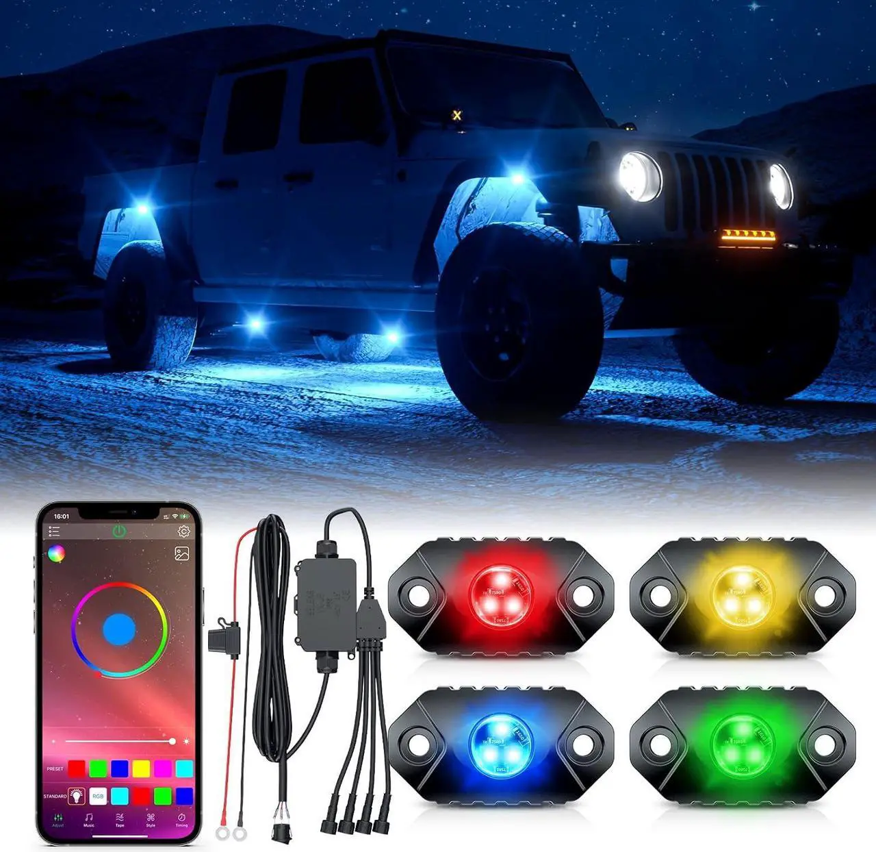 Main image of RGB LED Rock Lights - 4 Pods Multicolor Rock Light Kit Timing, Music Mode for Underglow Jeep Off Road Car Truck Boat